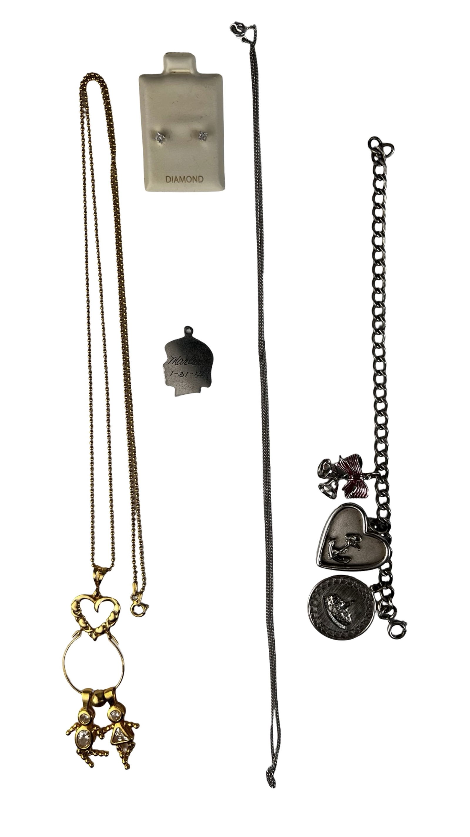 Sterling Silver Jewelry- Necklace Bracelet Diamond: Mixed group of sterling silver jewelry including a long chain necklace, charm bracelet, pendant, and a pair of diamond stud earrings in original Piercing Pagoda box. The necklace features a playful