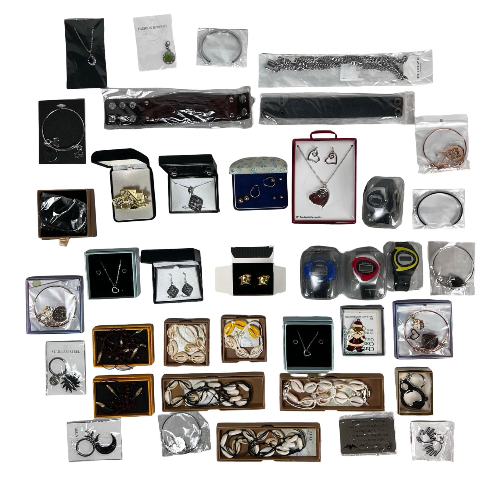 Assortment of New Jewelry & Watches: Extensive assortment of new jewelry and accessories featuring a wide variety of styles, materials, and designs. The lot includes necklaces, bracelets, earrings, pendant sets, bangles, charm pieces, an