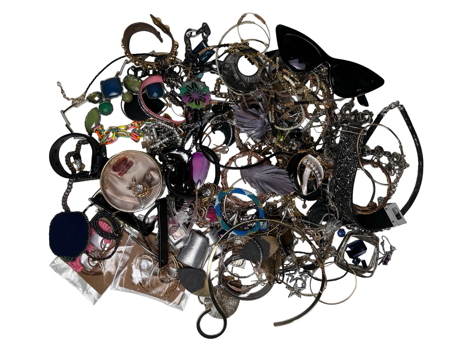 Assortment of Unsearched Costume & Craft Jewelry: Extensive mixed lot of costume and craft jewelry featuring a wide variety of necklaces, bracelets, earrings, bangles, and fashion accessories. This diverse grouping includes beaded strands, statement