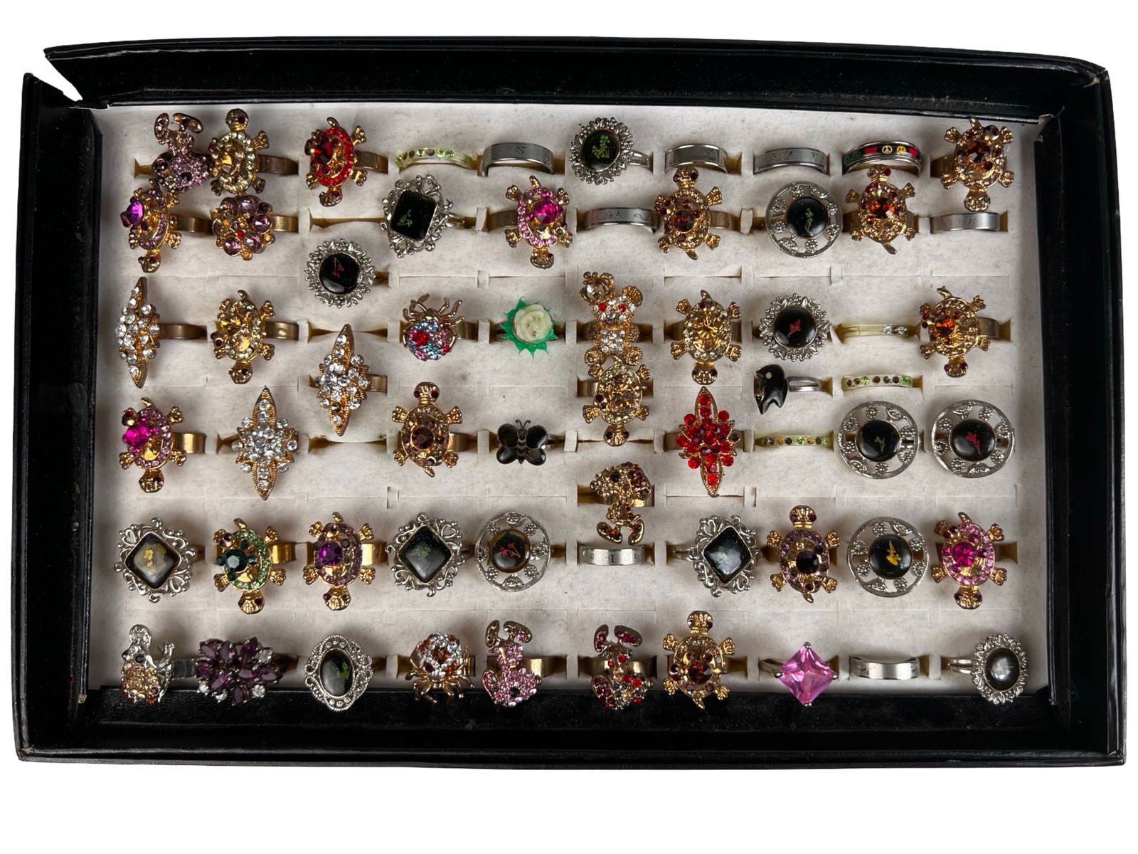 Collection of 61 Assorted Rings with Display Case: Extensive collection of 61 rings presented in a fitted display case, featuring a wide variety of colorful and eye-catching designs. The group includes numerous figural examples such as turtles,