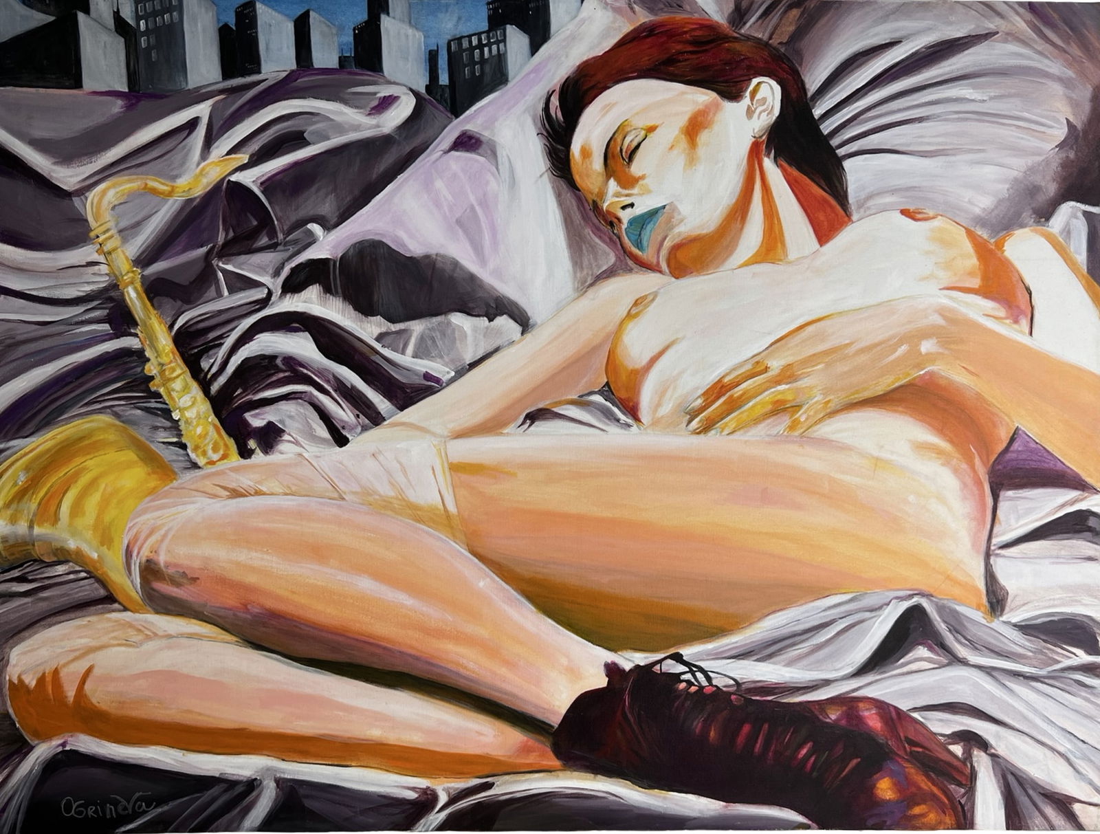 Oksana Grineva Sensual Figurative Nude Painting: Striking original oil painting by Oksana Grineva depicting a reclining female nude set against a stylized urban backdrop. The composition blends sensual figuration with expressive, modernist
