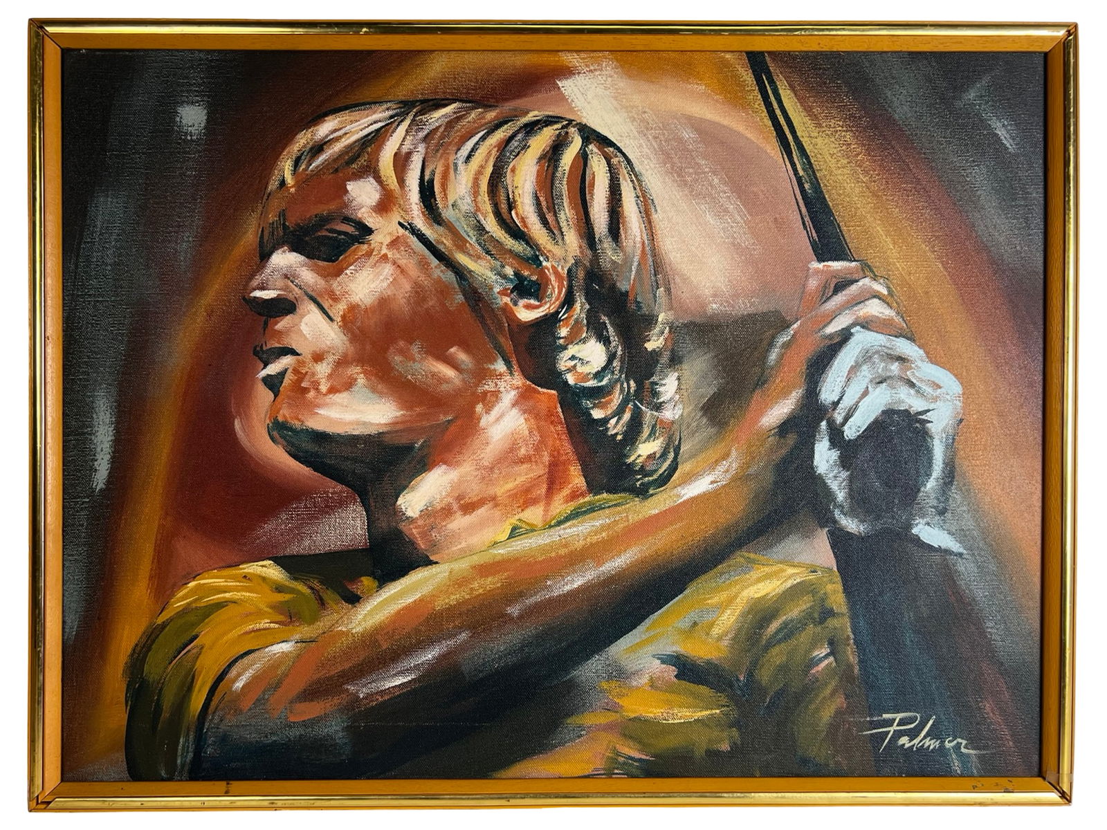 Arnold Palmer Portrait Expressionist Oil Painting: Expressive oil on canvas portrait depicting legendary golfer Arnold Palmer, captured mid-swing with dynamic movement and bold, gestural brushwork. The composition emphasizes strength and concentration