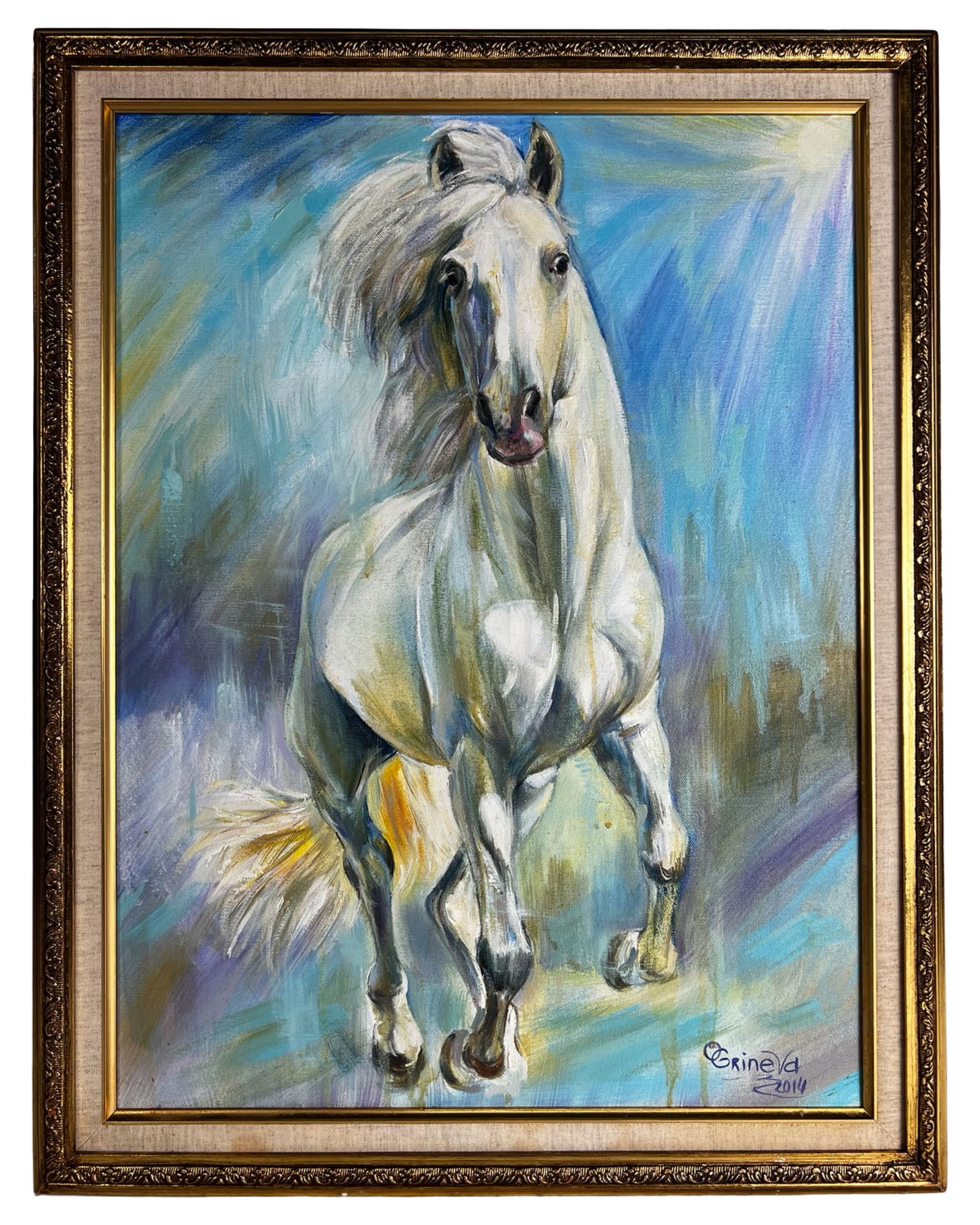 Oksana Grineva White Horse Oil Painting: Vibrant original oil painting by Oksana Grineva depicting a dynamic white horse in motion, rendered with expressive brushwork and a luminous, atmospheric palette. The composition captures the energy a
