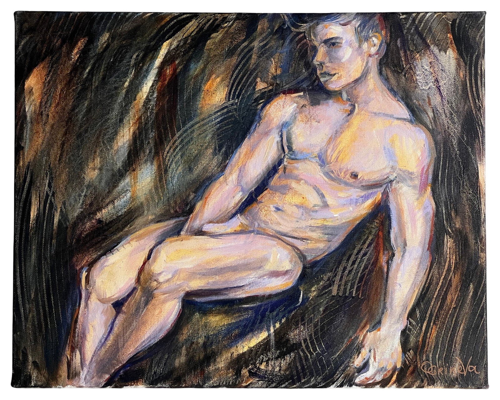 Oksana Grineva Expressionist Male Nude Painting: Original oil on canvas by Oksana Grineva featuring a reclining male nude rendered in a bold, expressive style. The composition emphasizes musculature and form through dynamic brushwork and layered ton