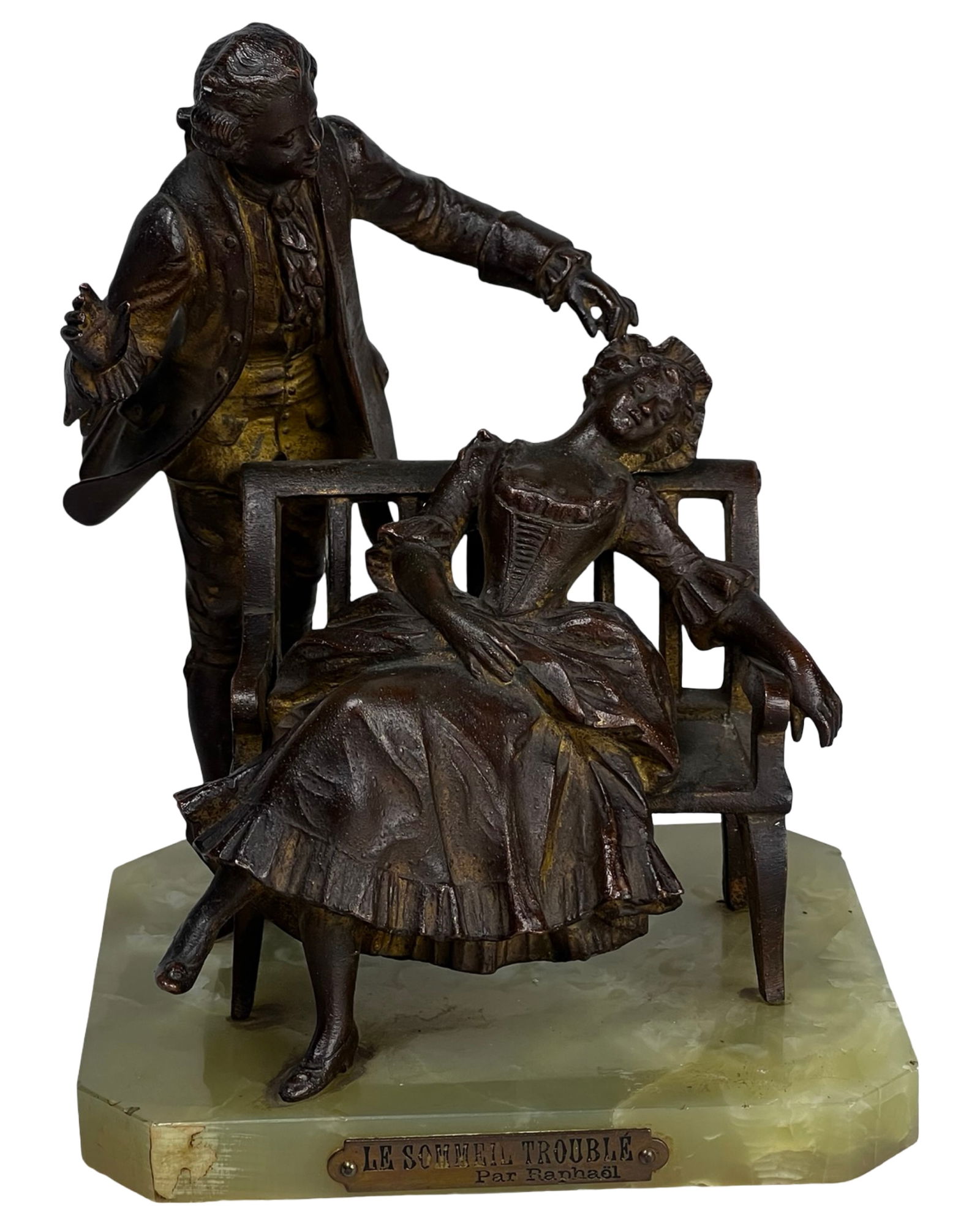 Antique French Romantic Figural Bronze Sculpture: Decorative French figural sculpture titled "Le Sommeil Troublé" ("Troubled Sleep"), depicting an intimate romantic genre scene of a gentleman playfully disturbing a resting lady seated on a bench.