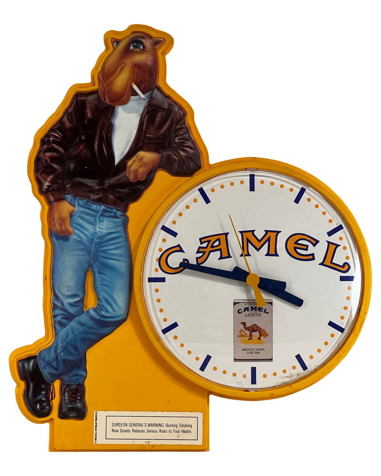 Joe Camel Cigarettes Advertising Wall Clock: Vintage advertising wall clock featuring the iconic Joe Camel character, produced as a promotional display piece for Camel cigarettes by R.J. Reynolds. Tested, working. 23" x 19".