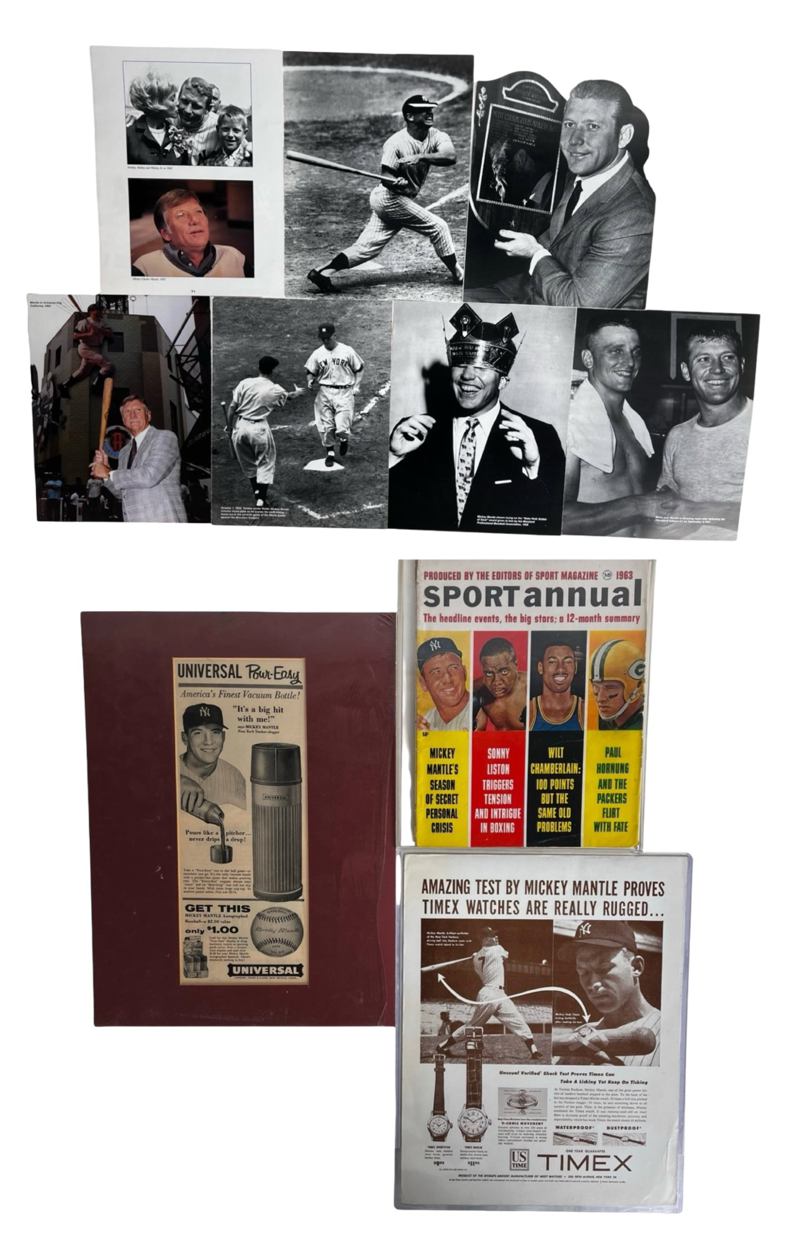 Mickey Mantle Vintage Collectibles: Eclectic grouping of vintage Mickey Mantle memorabilia spanning the early 1960s, highlighted by a 1963 Sport Annual magazine, period advertising pieces, and assorted photo inserts and prints. Included