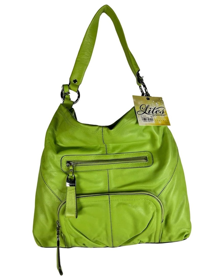 B. Makowsky Lime Green Soft Leather Shoulder Bag: Vibrant lime green genuine leather shoulder bag by B. Makowsky, featuring soft, supple leather and a roomy hobo silhouette. Includes original tags, protective dust bag, and heavy silver-tone