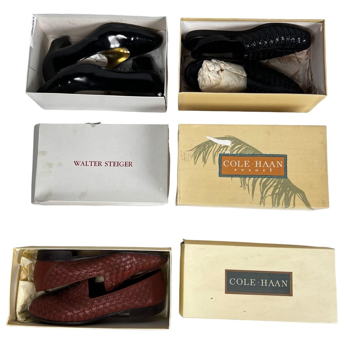 Cole Haan & Walter Steiger Women's Designer Shoes: Stylish assortment of designer women's footwear including Cole Haan Resort open-back woven black slingbacks, Cole Haan Edie loafers in nutmeg brown woven leather, and a pair of classic black patent