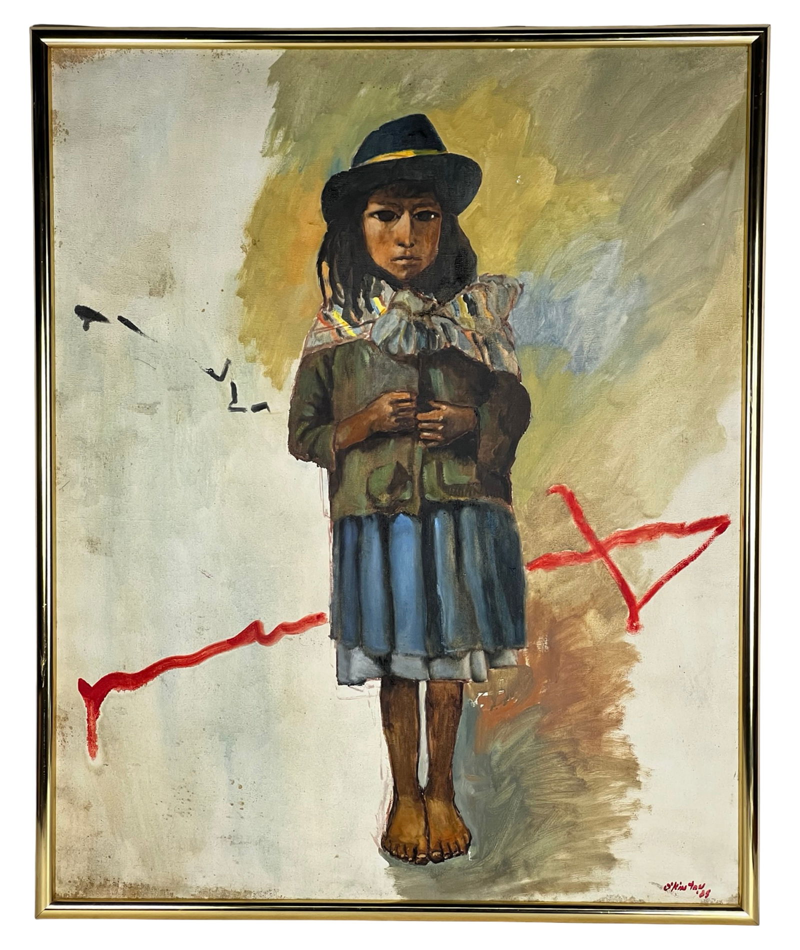 O'Kinton- Child Portrait Figural Oil Painting: Striking figural oil painting on canvas depicting a solemn young child rendered in an expressive, slightly surrealist manner. The composition features a centrally placed figure with elongated proporti