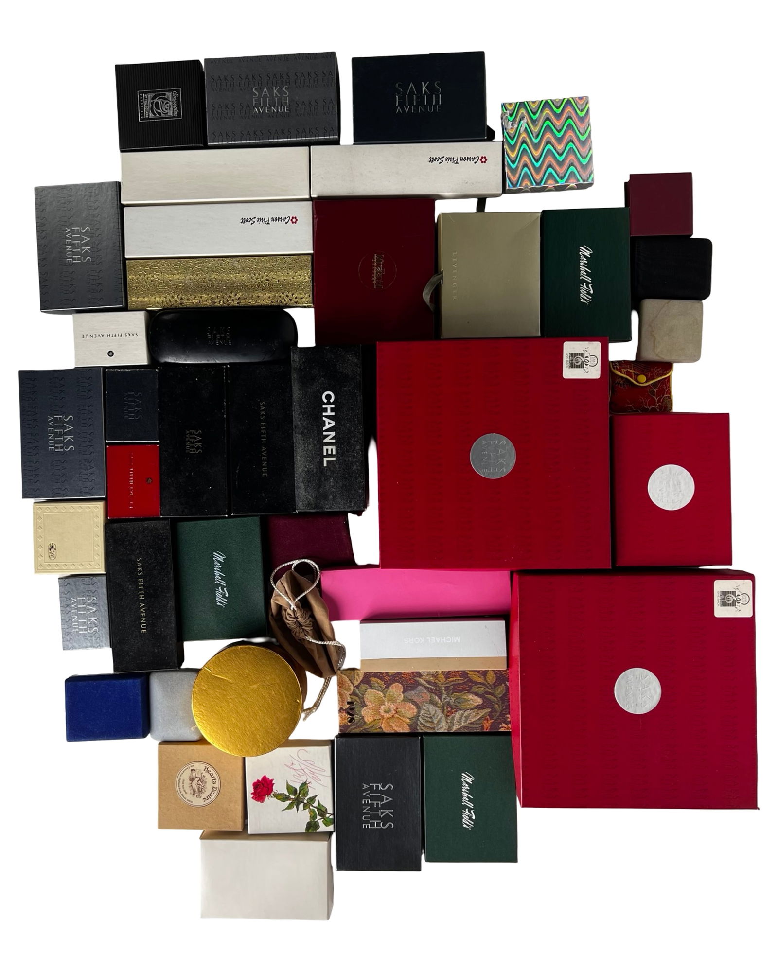 aks Fifth Avenue, Chanel- Jewelry & Gift Boxes: Assortment of empty jewelry and gift boxes including examples from Saks Fifth Avenue, Chanel, and Marshall Field's, along with other upscale retail packaging. This varied group features a wide range