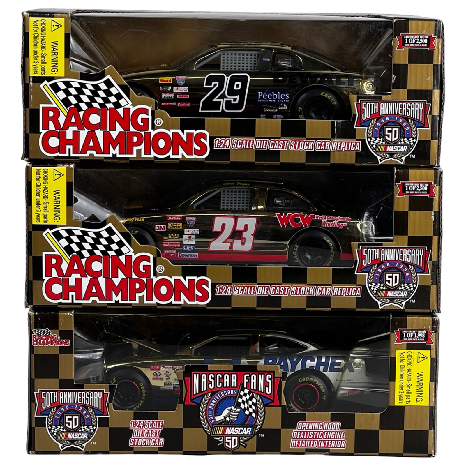 Racing Champions NASCAR 50th Anniv Die-Cast Cars: Three 1:24 scale die-cast stock car replicas by Racing Champions, issued in celebration of NASCAR 50th Anniversary.1/24 Scale. All in Original Boxes.