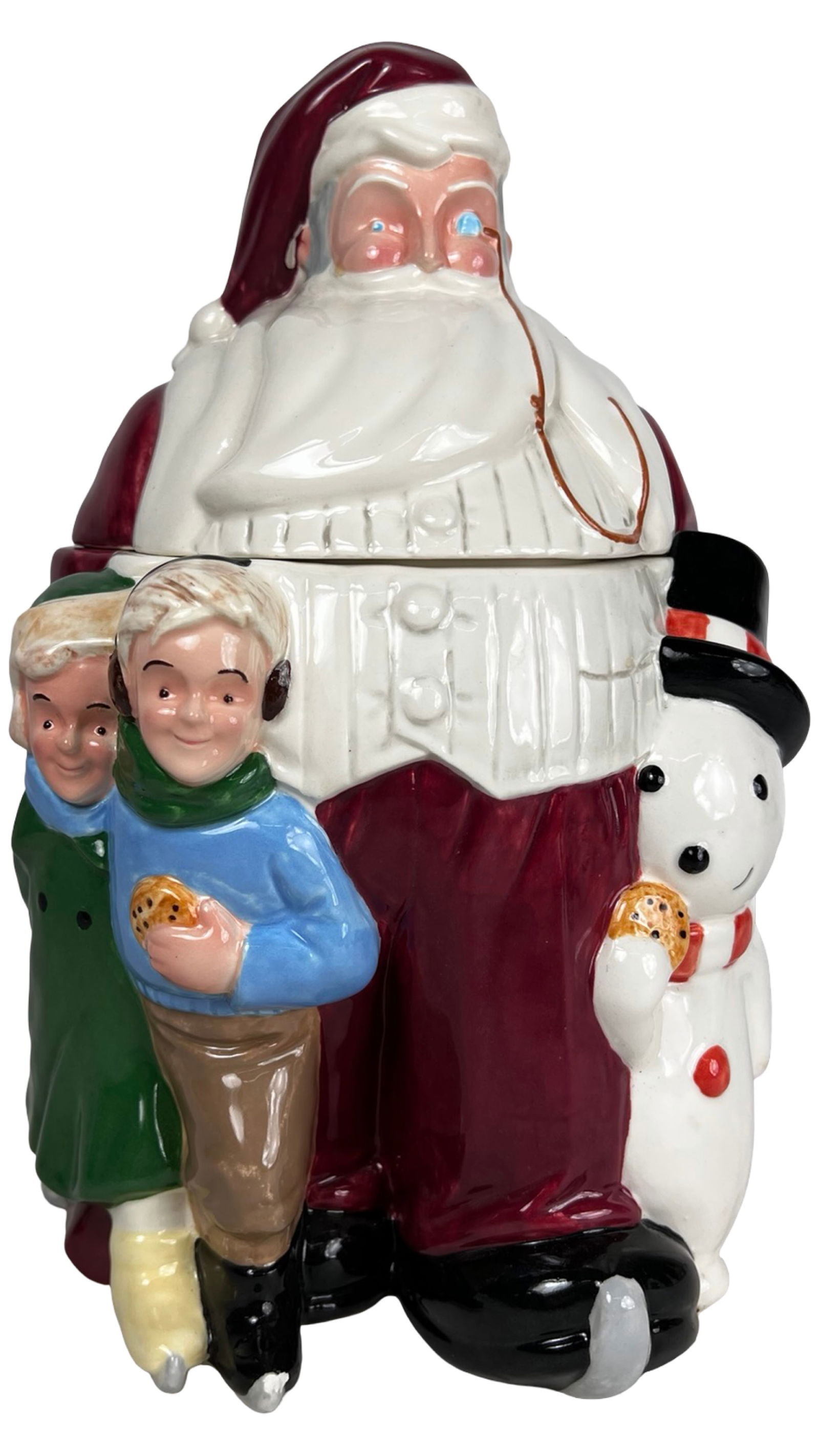 1995 Saks Fifth Avenue LE Santa Cookie Jar: 1995 Saks Fifth Avenue limited edition Santa cookie jar, a charming holiday ceramic featuring a classic Santa Claus figure accompanied by two children and a snowman, each holding festive treats. The s