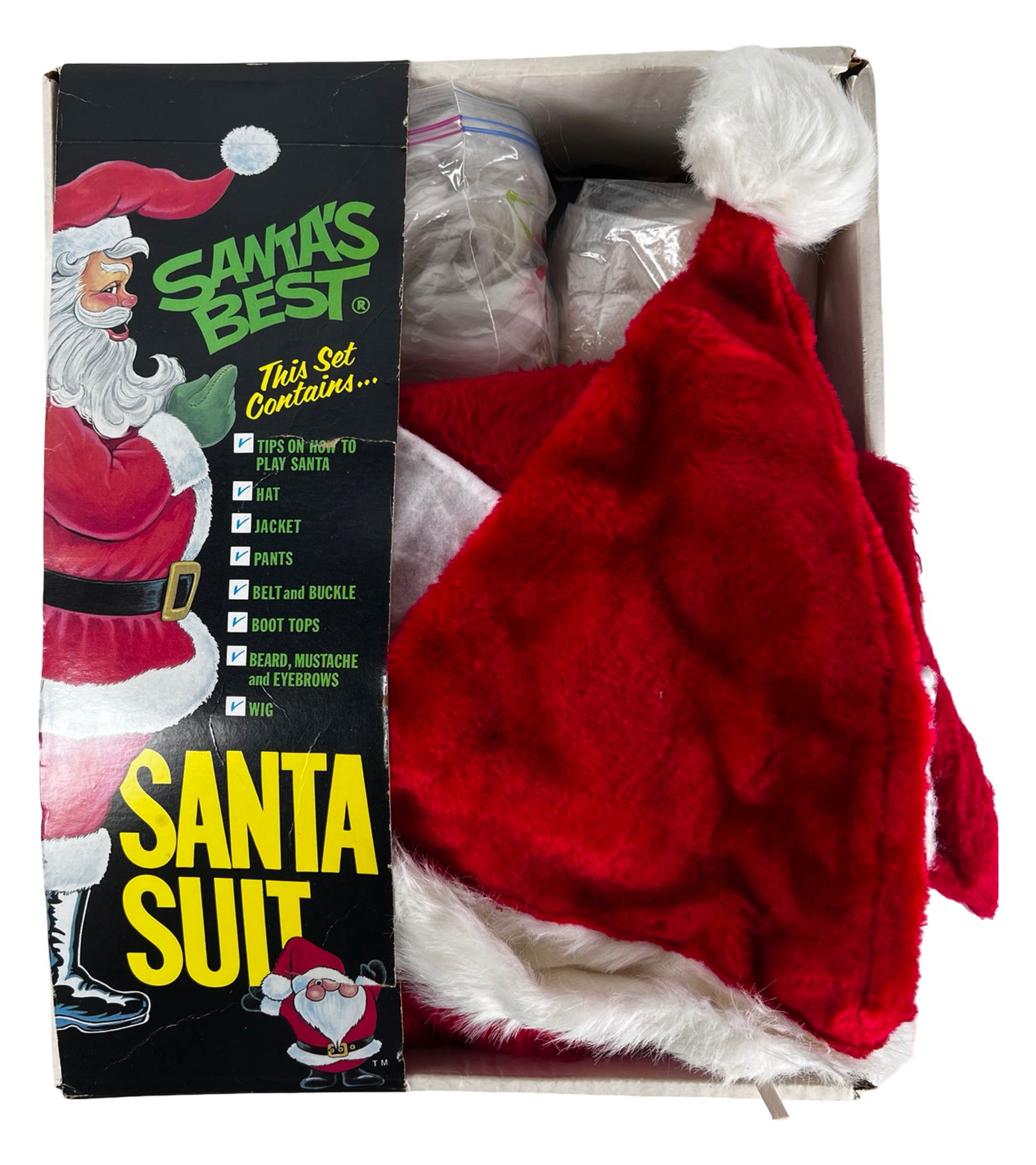 : Vintage Rennoc "Santa's Best" Suit Costume Set: Vintage "Santa's Best" Santa suit costume set by Rennoc Corporation, complete in original box. This classic holiday costume set includes multiple components for a full Santa appearance, such as hat, j