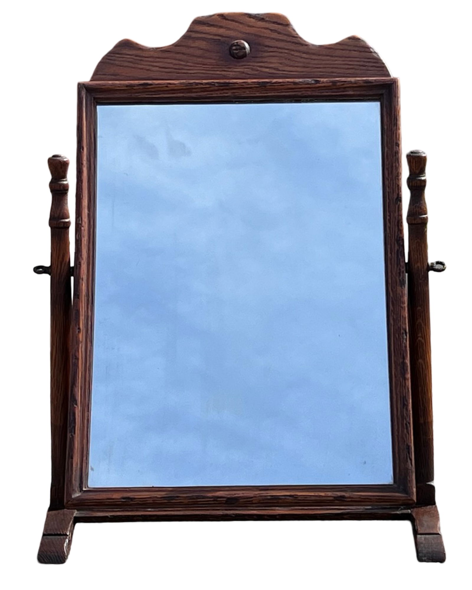 Regency Revival Cheval Style Tilt Dressing Mirror: Late 19th century Regency Revival cheval-style dressing mirror featuring a rectangular glass plate within a simple wood frame, supported by turned side posts with adjustable tilt mechanism. The
