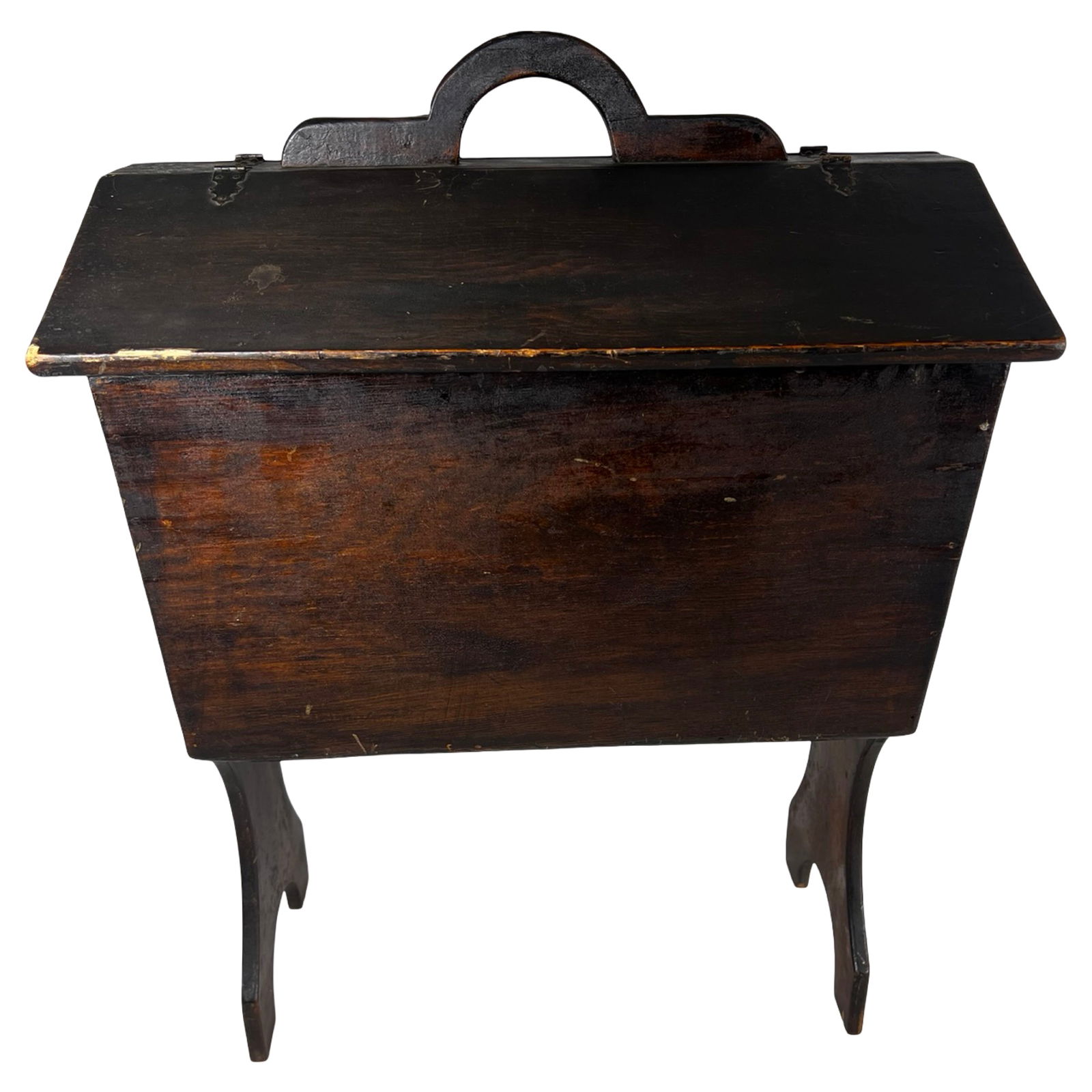Antique Victorian Wooden Sewing Box Stand Slant: Charming antique Victorian sewing or knitting box stand featuring a slanted lift-top lid and integrated storage compartment. Crafted in solid wood with a rich, dark finish, the piece rests on shaped s