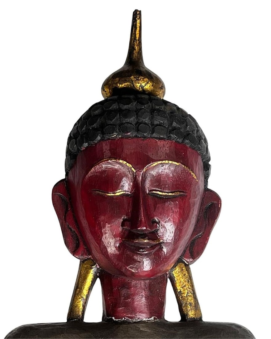 Thai 47" Wooden Standing Buddha Sculpture: Hand-carved wooden standing Buddha sculpture in the Thai style, featuring a tall, elongated form and serene facial expression characteristic of Southeast Asian Buddhist imagery. The figure displays tr