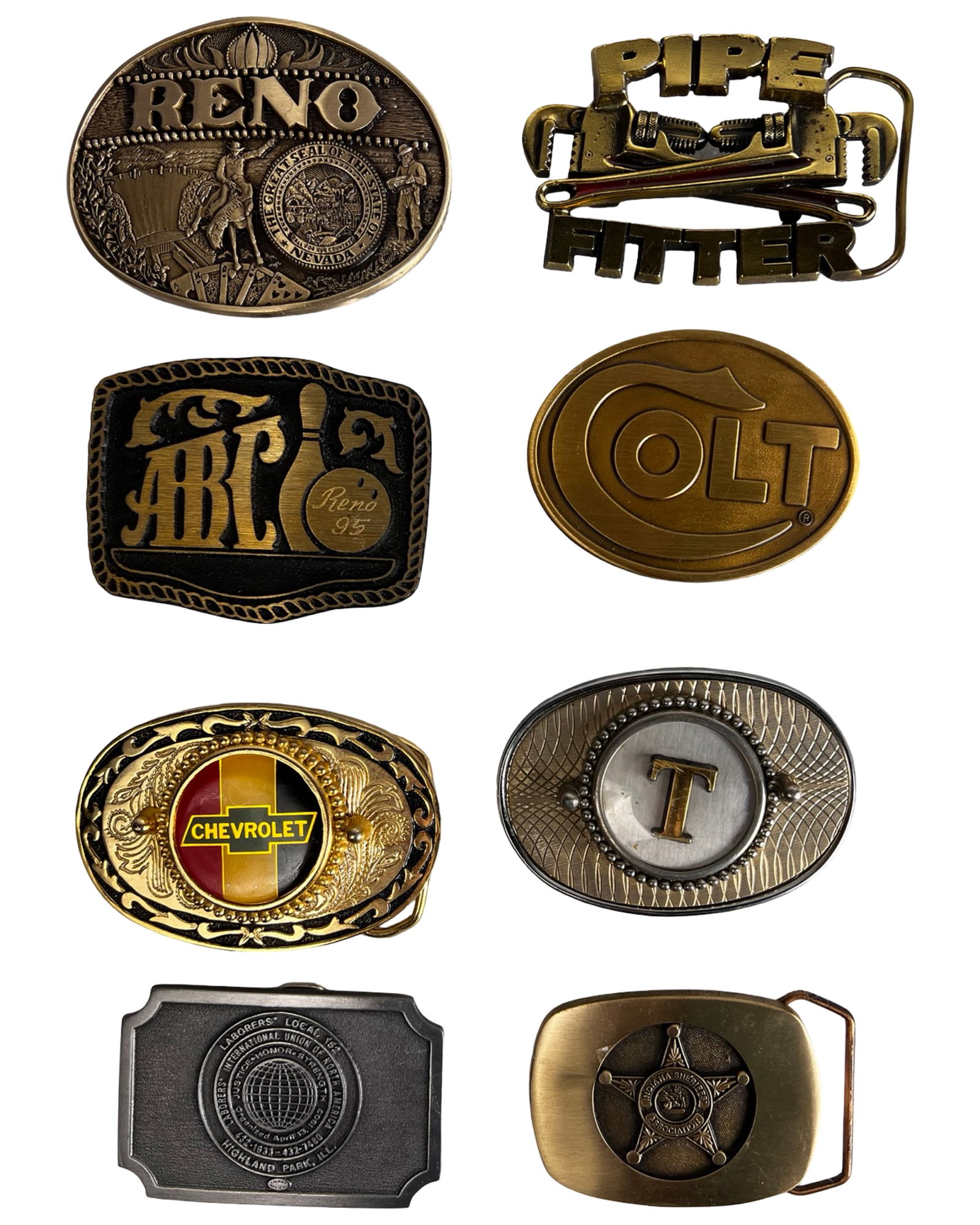 Assortment of Vintage Belt Buckles: Eclectic assortment of vintage belt buckles featuring a range of Western, automotive, and occupational themes.
