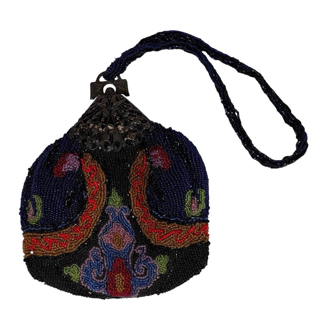 Antique Art Nouveau Hand-Beaded Drawstring Purse: Beautifully crafted hand-beaded drawstring evening purse featuring a vibrant floral and paisley-inspired motif in tones of red, gold, lilac, and cobalt on a black and navy background. The purse is
