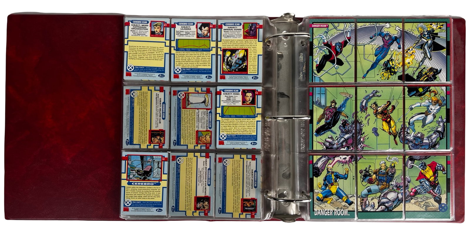 Vintage 1990s Marvel X-Men Trading Cards Binder: Extensive vintage 1990s Marvel X-Men trading card collection housed in a red binder with plastic sleeves. The lot features a large assortment of character cards, including popular heroes and villains