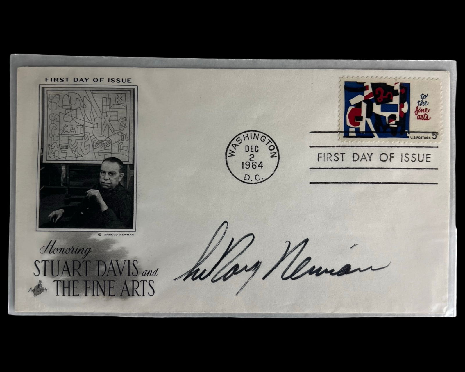 Leroy Neiman Signed First Day Cover Envelope, 1964: Original First Day Cover envelope commemorating the 1964 “Stuart Davis and the Fine Arts” U.S. postage issue, hand-signed by renowned American artist Leroy Neiman. Postmarked Washington,