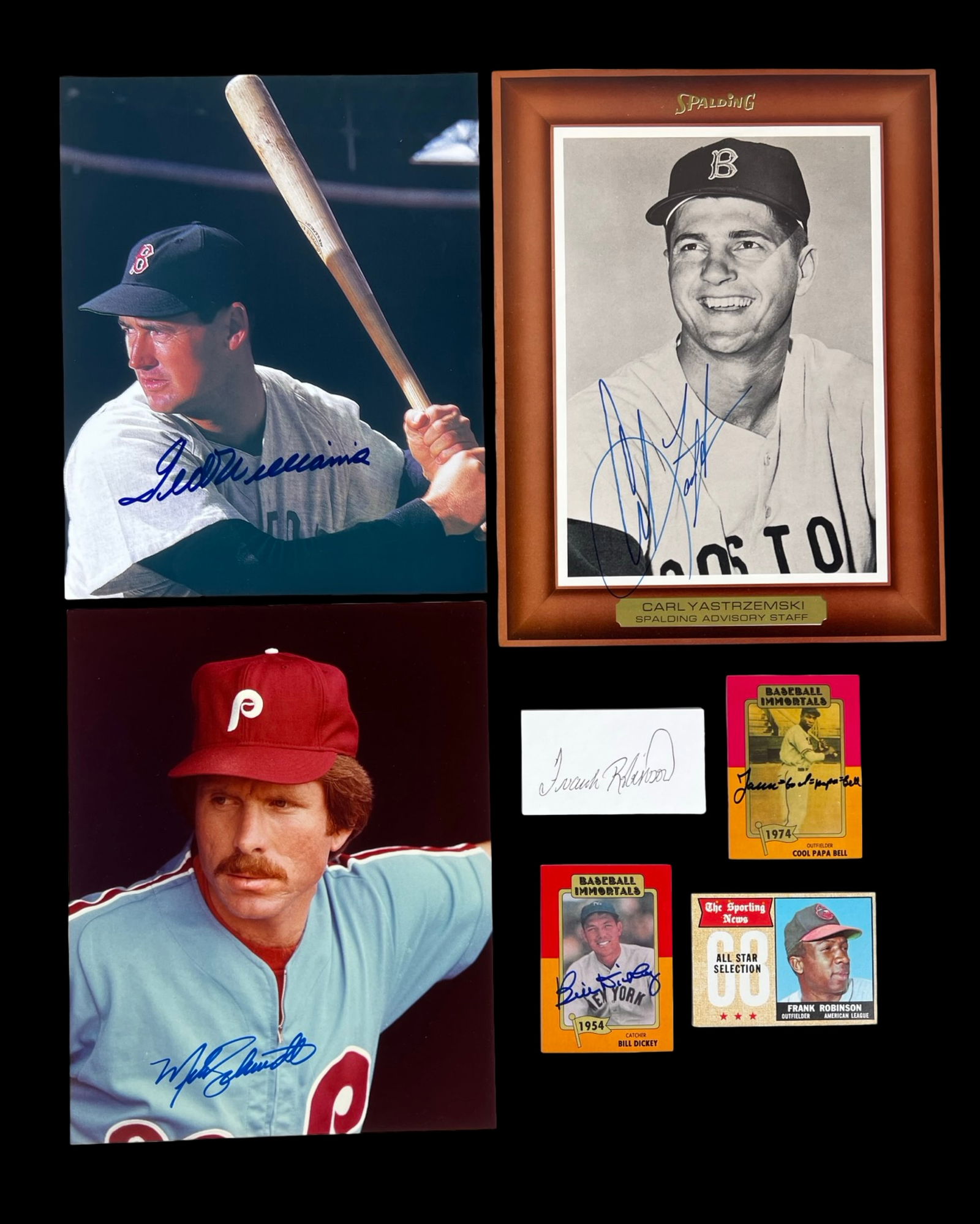 Baseball Legends Autograph Collection: Baseball autograph collection featuring signed memorabilia from some of the game’s most celebrated legends. This grouping includes autographed 8x10 photographs of Ted Williams, Mike Schmidt, and