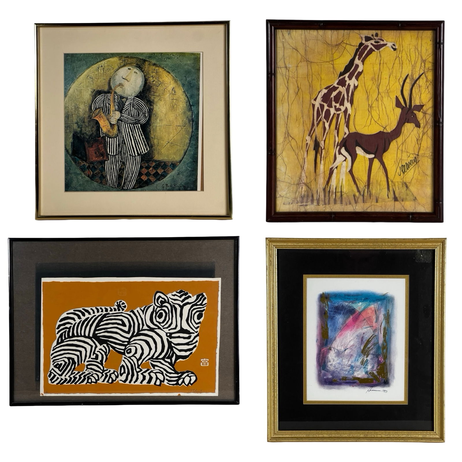 Tomikichiro Tokuriki Woodblock & Mixed Art Group: A diverse and visually engaging collection of four framed artworks spanning Japanese woodblock tradition, modern abstraction, and decorative international styles. The group includes a signed