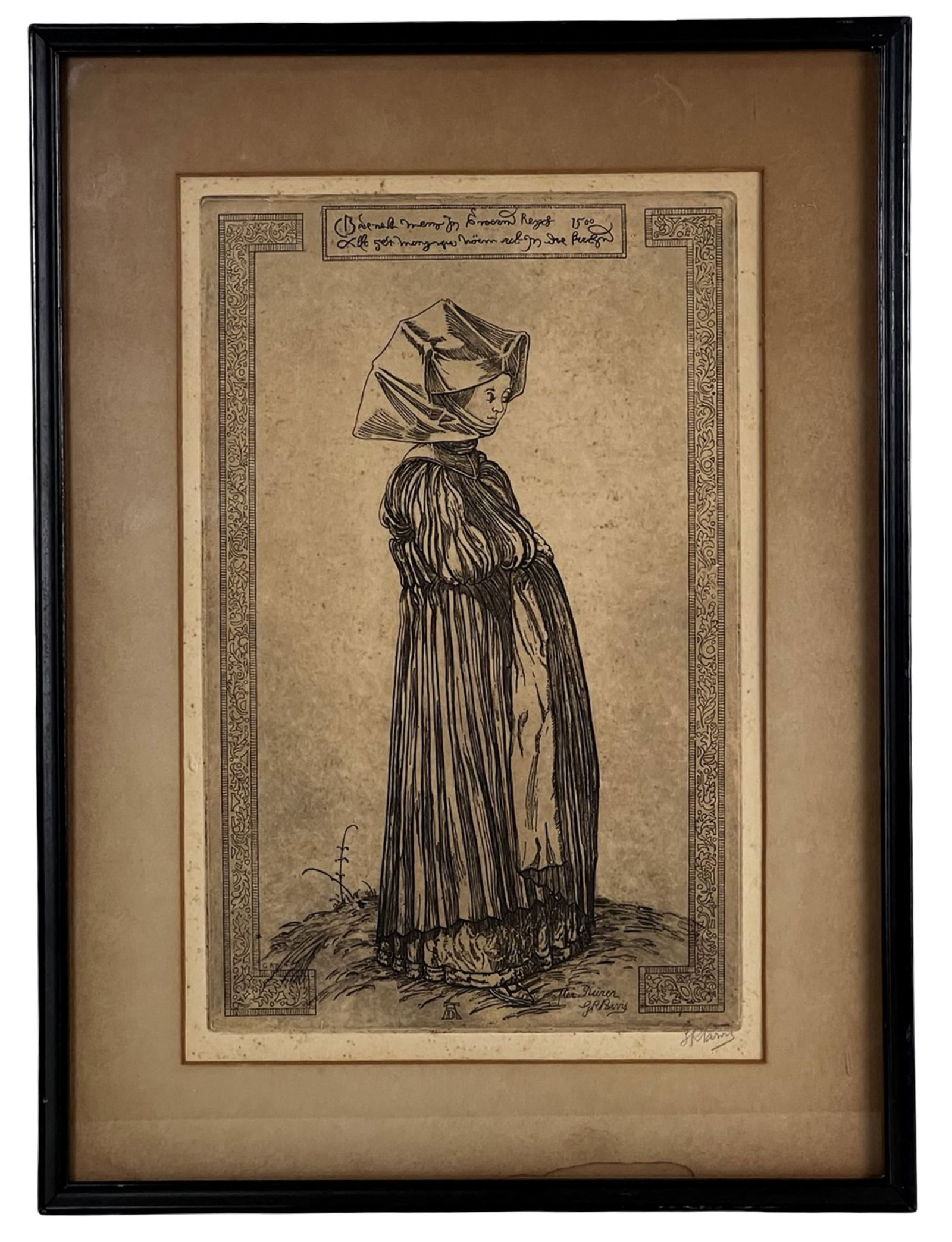 Albrecht Durer (after) 19th C Signed Etching: Late 19th century etching after Albrecht Durer, depicting a woman in traditional period dress with elaborate headdress, framed under glass. The composition follows Durer’s Northern Renaissance style