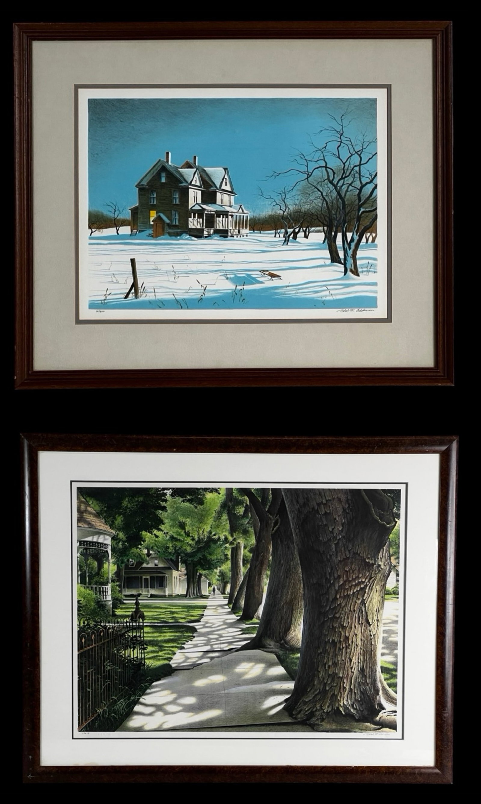 Robert Addison - Two LE Signed Color Lithographs: Striking pair of limited edition color lithographs by American artist Robert Addison, titled “Farmhouse in Winter” and “Broken Shadows.” Both works are hand signed by the artist and nu