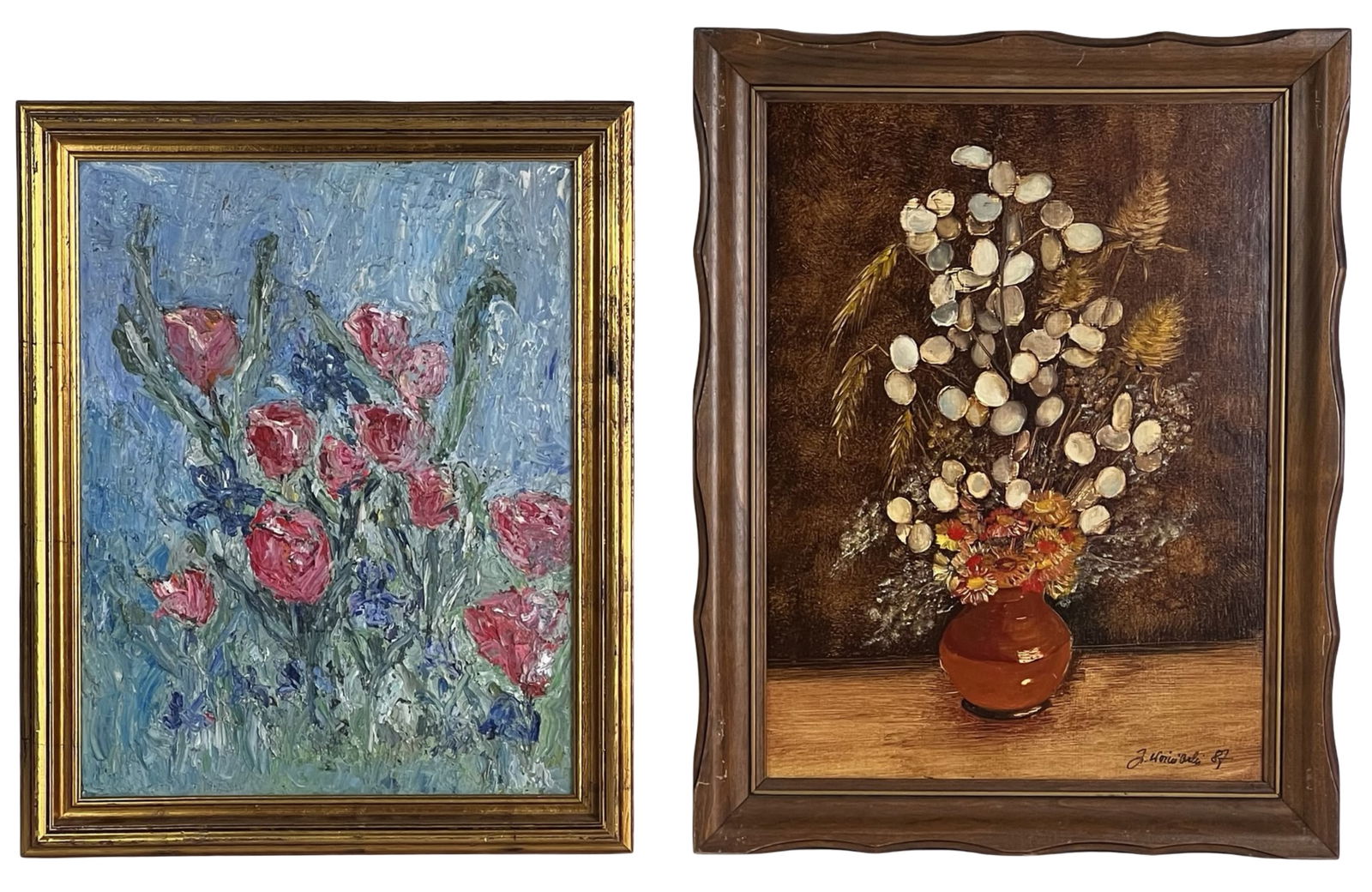 Still Life Oil Paintings – Impressionist & Rustic: Pair of decorative still life oil paintings showcasing contrasting yet complementary styles. The first presents a lively bouquet of red tulips and blue flowers rendered in a loose, expressive Impressi