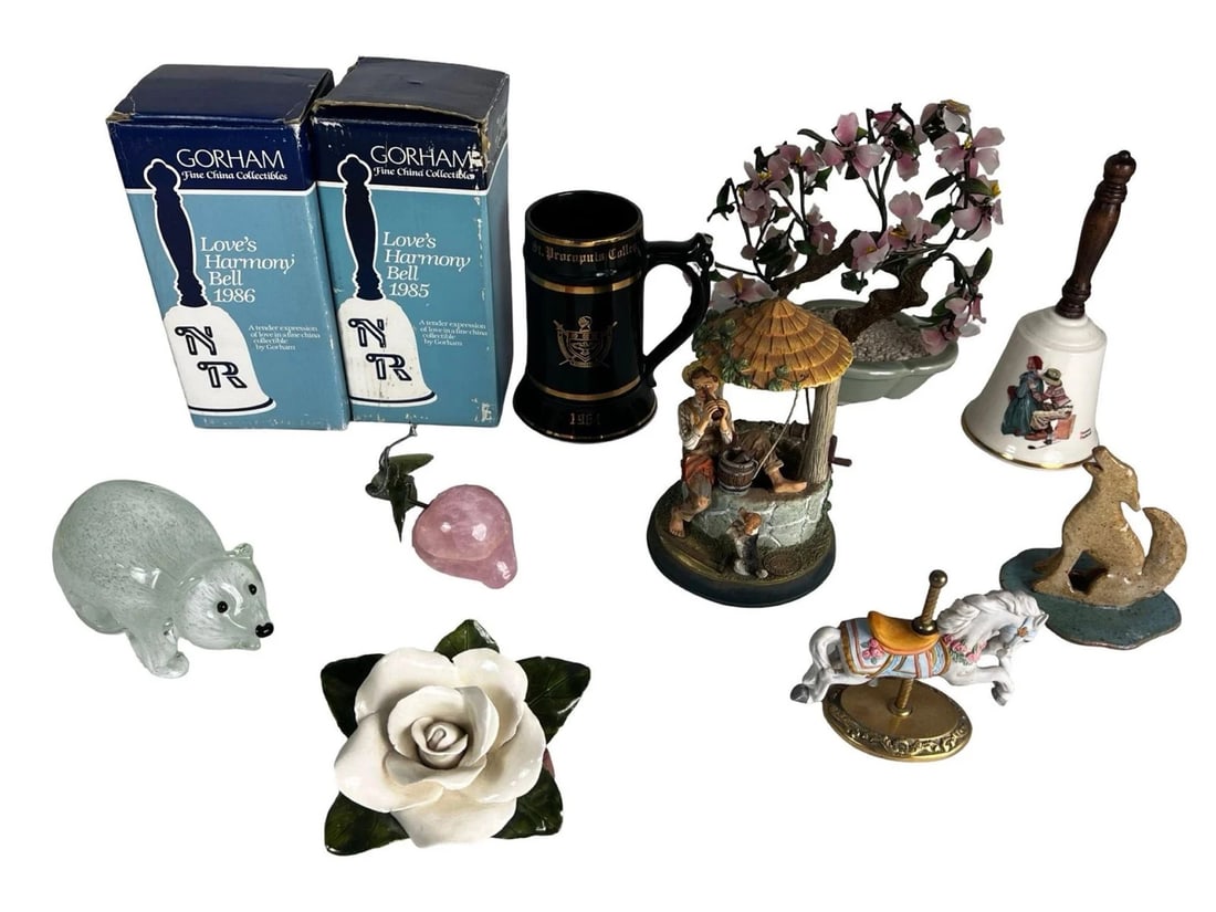 Mixed Home Decor Collectibles Lot: An eclectic assortment of decorative home accents featuring a charming mix of vintage and contemporary collectible pieces. The lot includes two Gorham Loves Harmony bells from 1985 and 1986 with origi