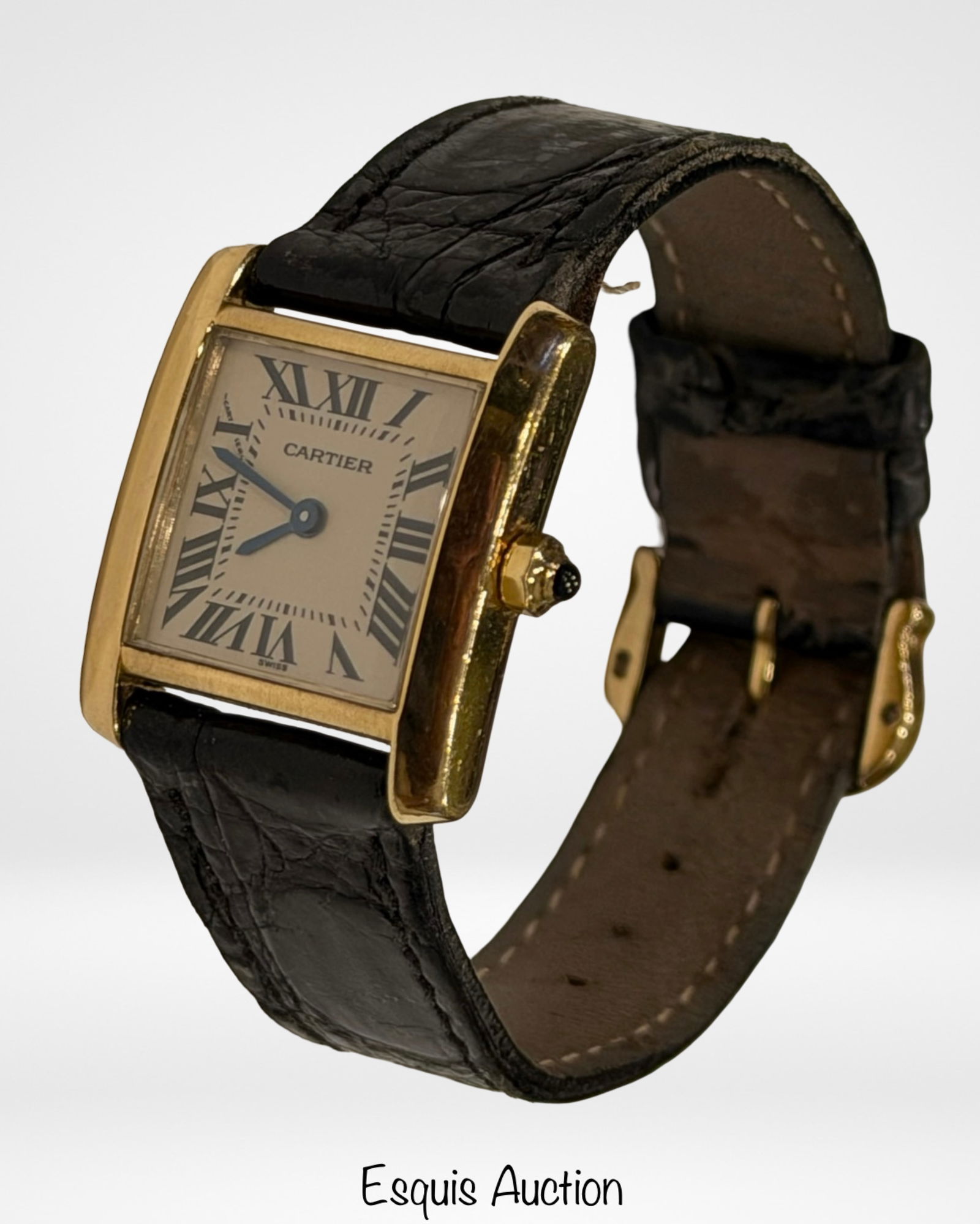 Cartier Tank Francaise 18K Gold Watch Ref. 2385: Cartier Tank Francaise wristwatch in 18K yellow gold, featuring the iconic rectangular case with classic white dial, Roman numerals, and blued steel hands. Fitted with a black leather strap and gold-t