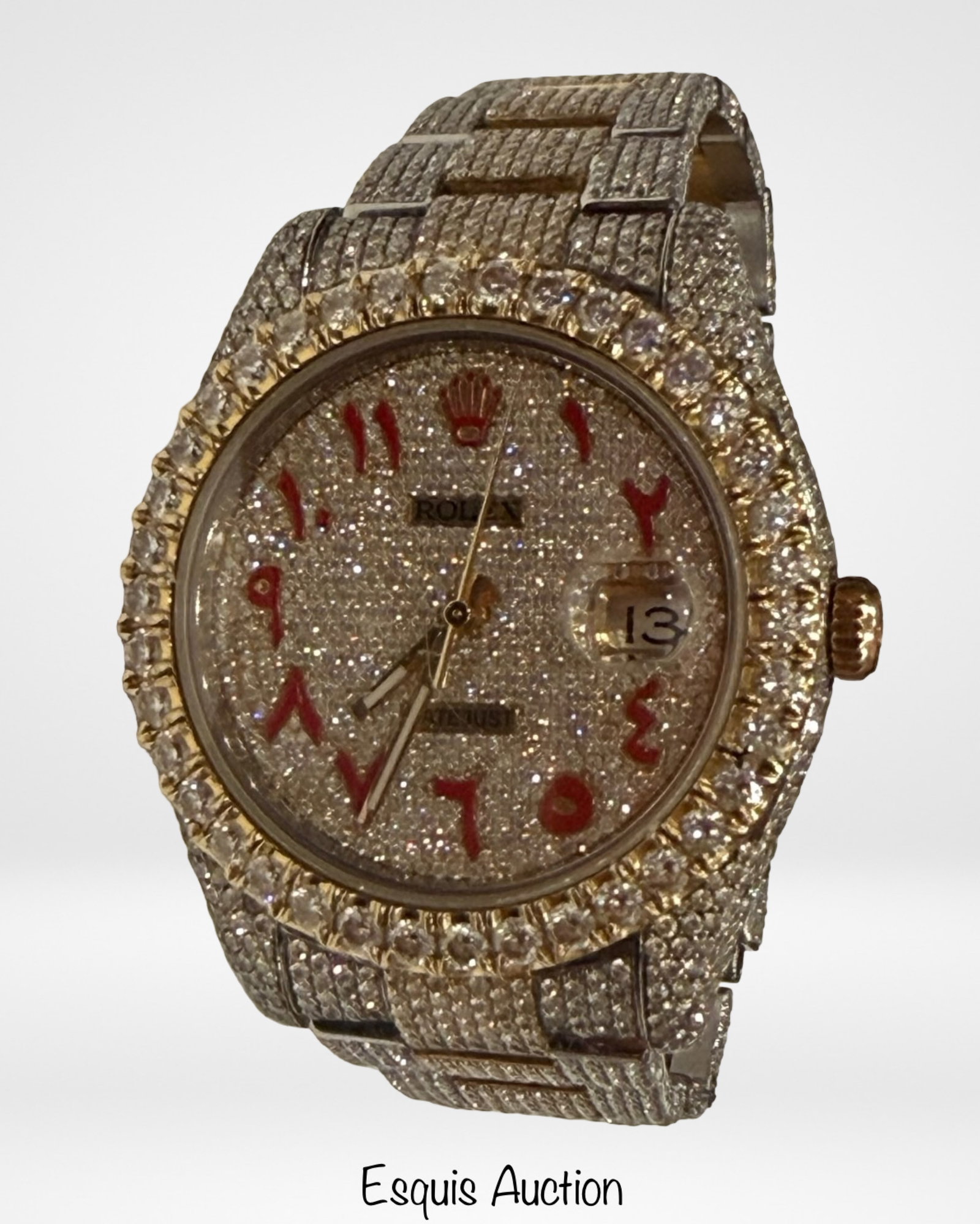 Rolex Datejust Diamond "Bust Down" Watch 18k /SS: Rolex Datejust wristwatch extensively customized with full diamond "bust down" setting, featuring a striking paved diamond dial with bold red Arabic numerals and date display at 3 o'clock with cyclops