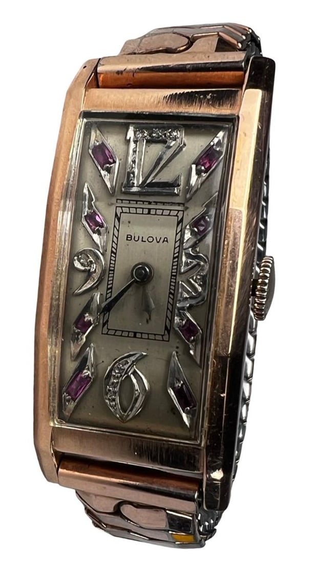 14K Gold Bulova Art Deco Wristwatch w/ Ruby & Diam - 3
