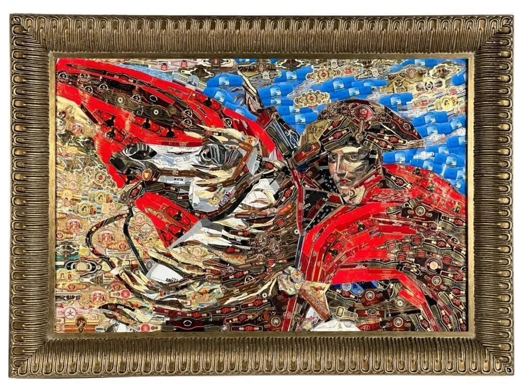 Alexander Gashunin - Napoleon Collage Art: This captivating artwork by Alexander Gashunin showcases a unique interpretation of Napoleon Bonaparte through the medium of cigar wrappers collage art. Gashunin's skilled craftsmanship is evident in