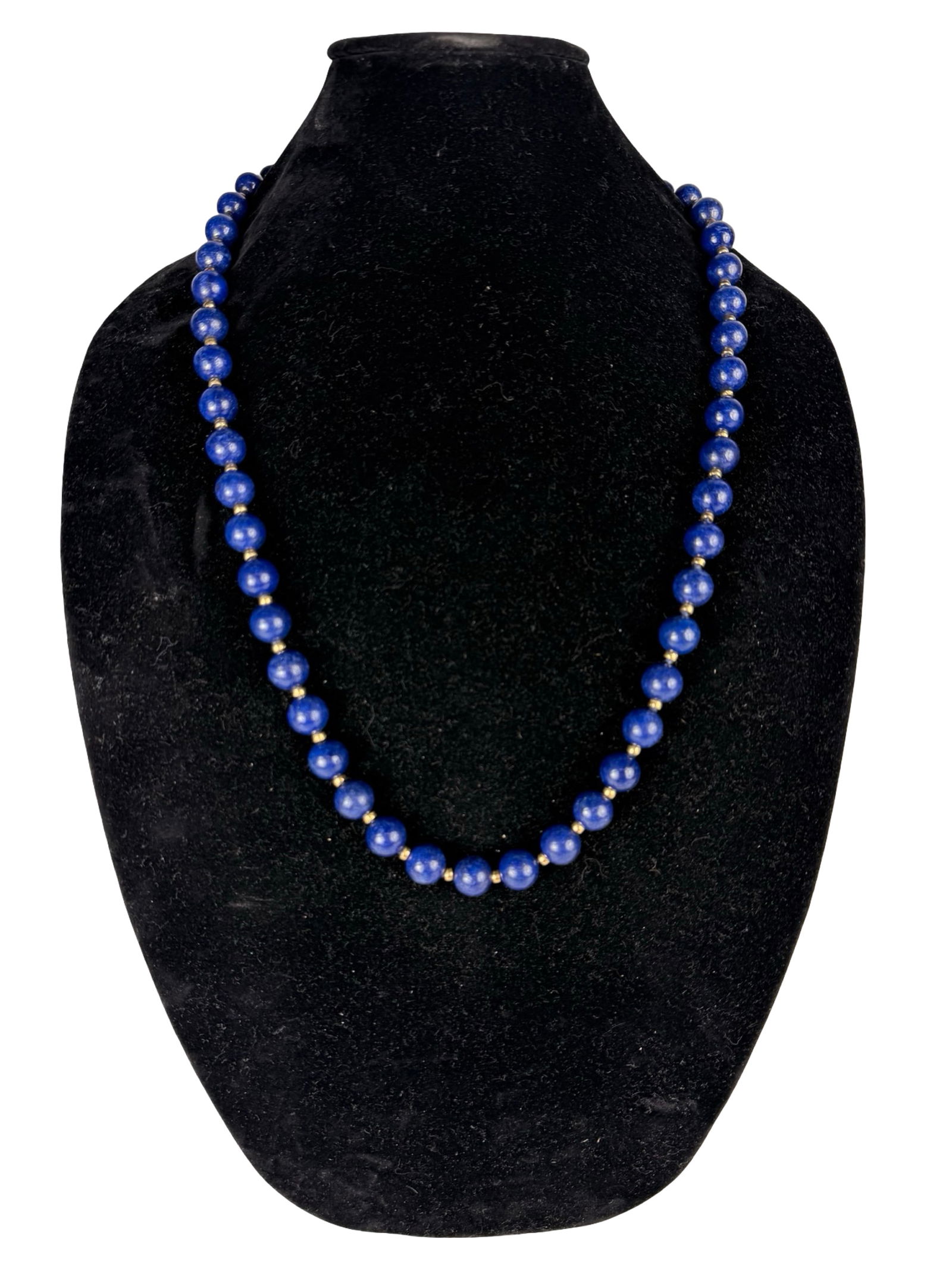 18K Gold Lapis Lazuli Beaded Necklace Large Clasp: Elegant necklace composed of rich blue lapis lazuli beads, each separated by small gold spacers, and finished with a substantial 18K gold clasp. The deep cobalt tones of the beads create a striking co