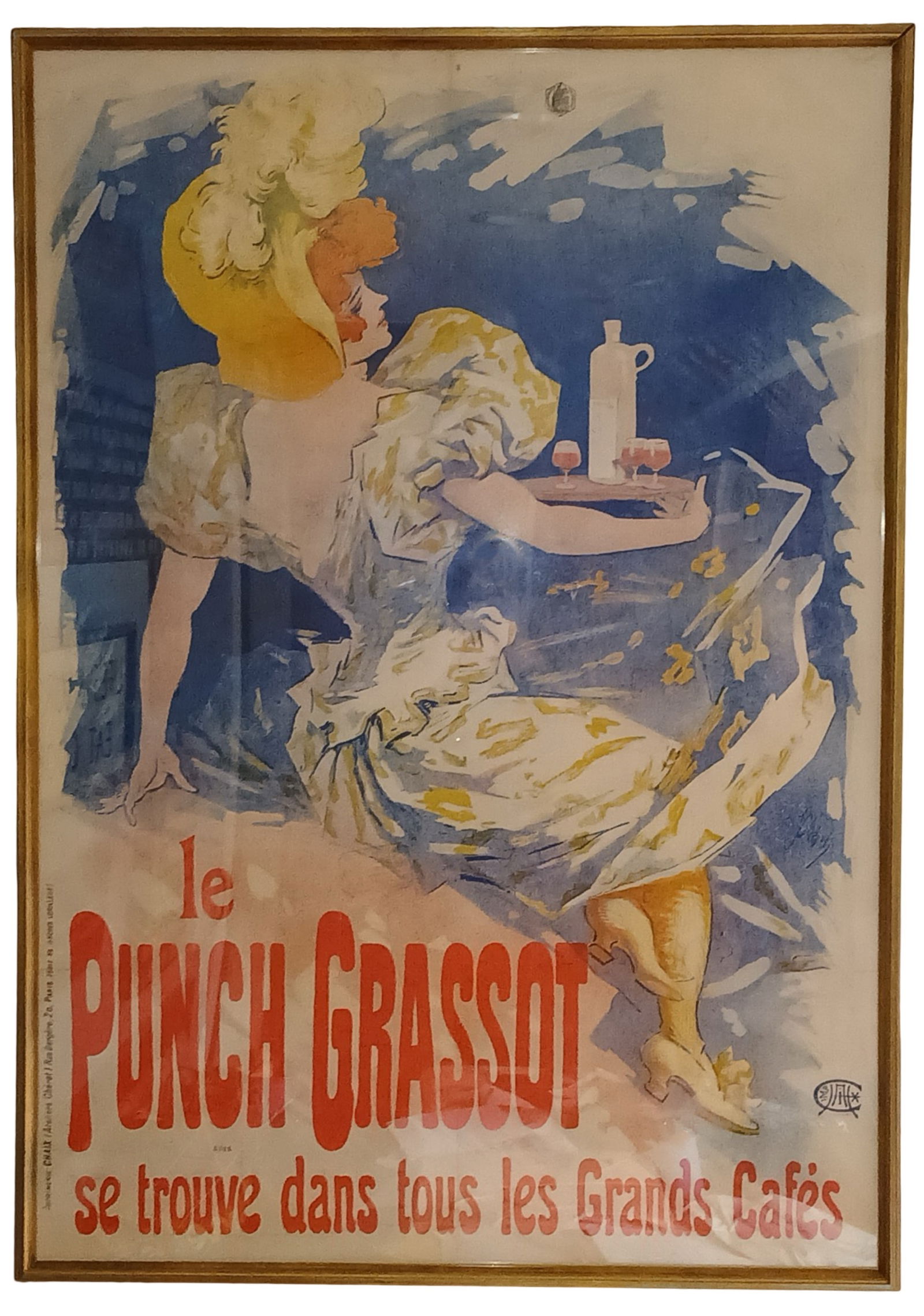 Jules Cheret Punch Grassot 1896 Original Poster: Original late 19th century French advertising lithograph poster by Jules Cheret, created in 1896 for Punch Grassot. This iconic Belle Epoque composition features a lively female figure in motion, rend