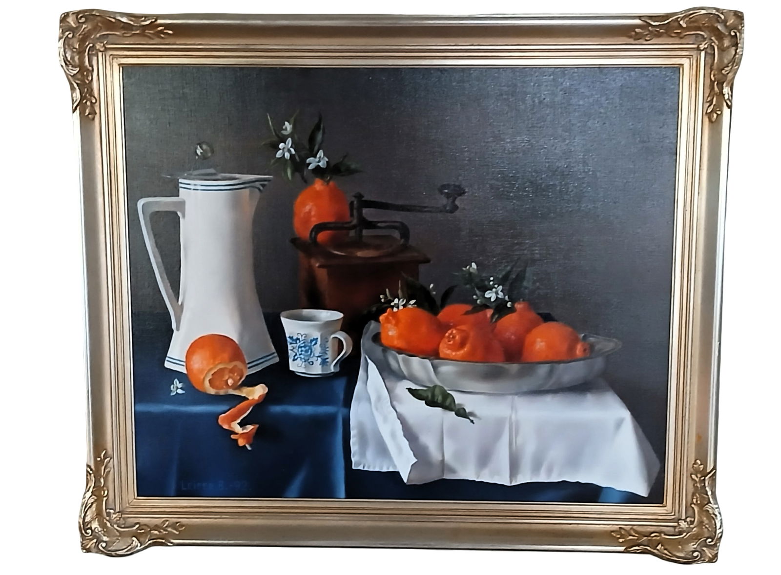 Boris Leifer Still Life with Oranges Oil Painting: Finely executed still life oil painting by Boris Leifer, signed and dated 1992 lower left. The composition features a carefully arranged tabletop scene with vibrant oranges, a ceramic pitcher, cup, an