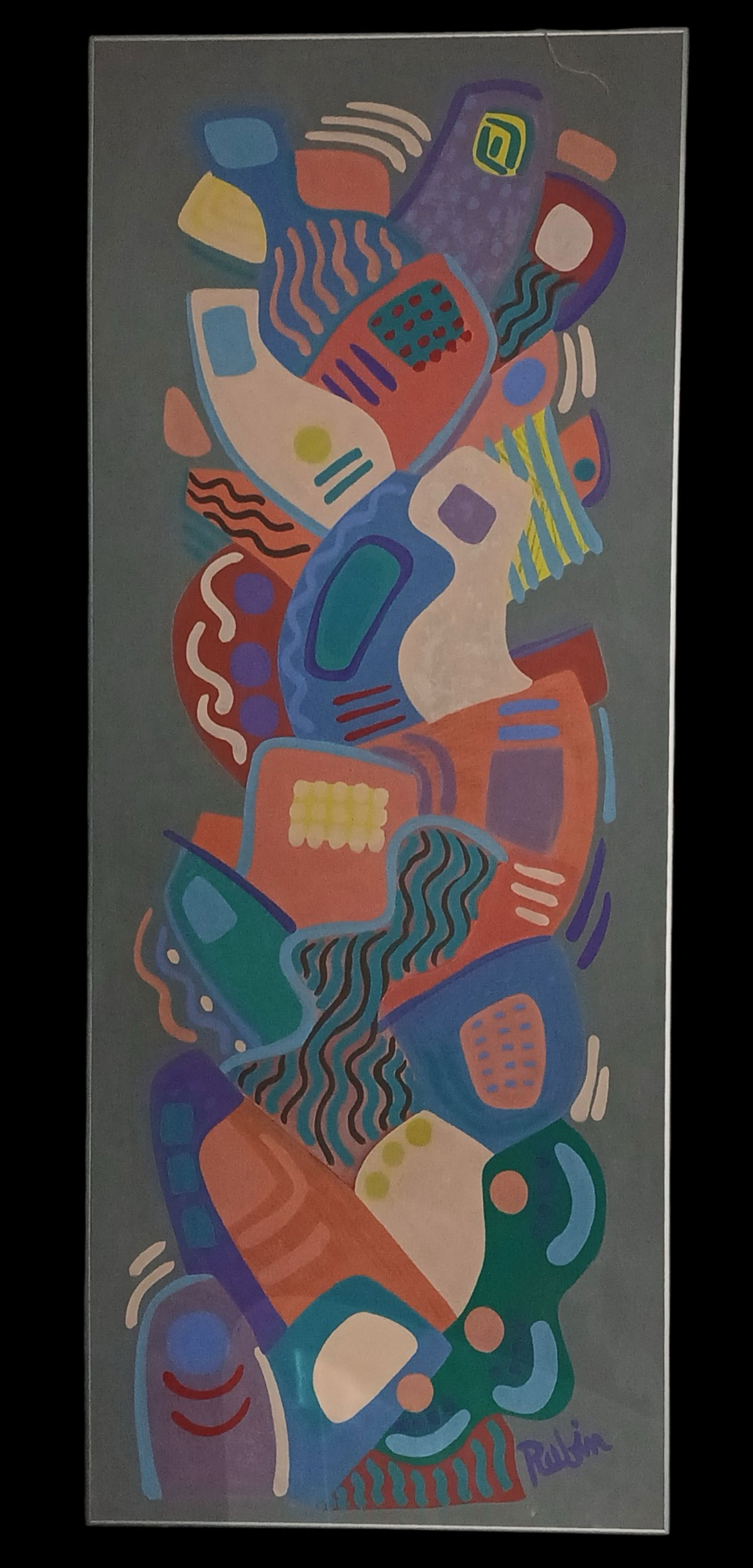 Michael Rubin- Contemporary Expressionist Painting: Contemporary abstract expressionist oil painting on canvas by Michael Rubin, featuring a bold geometric composition rendered in vibrant tones of blue, coral, green, violet, and ochre against a muted g