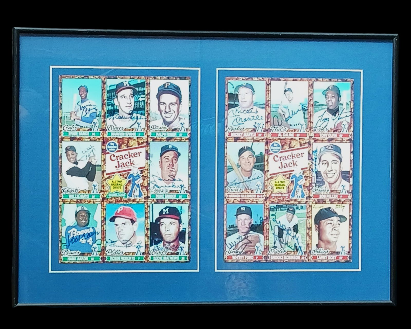 1982 Cracker Jack 16 Baseball Greats Signed Uncut: 1982 Cracker Jack uncut sheet featuring 16 legendary baseball players, boldly signed and professionally matted and framed for display. This impressive piece showcases a star-studded lineup with 15 Hal