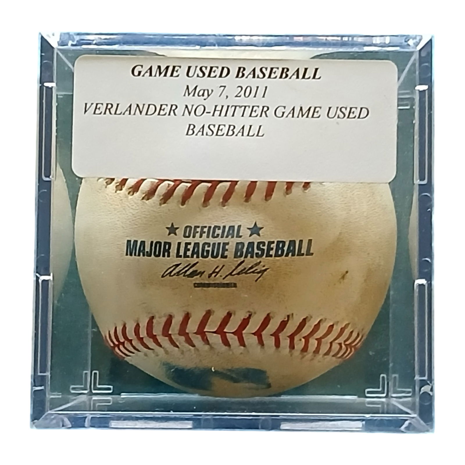 Justin Verlander No-Hitter Game Used MLB Baseball: Official Major League Baseball used during the historic May 7, 2011 no-hitter thrown by Justin Verlander. This example shows clear and desirable game use, including surface wear, scuffing, and discolo