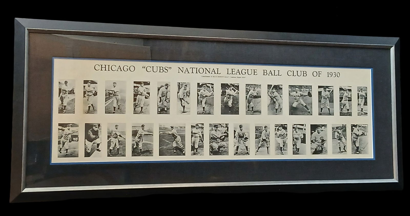 1930 Chicago Cubs Blue Ribbon Panoramic Poster: Original panoramic team display titled "Chicago 'Cubs' National League Ball Club of 1930," featuring a full roster of players in individual photographic panels. This early 20th-century piece was issue