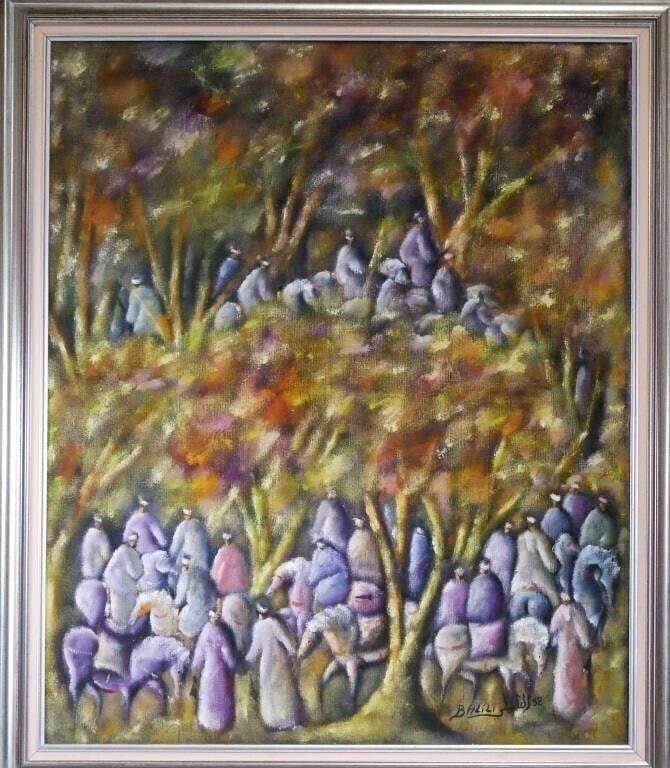 Ahmed Balili- Contemporary Expressionist Painting: A compelling example of contemporary North African expressionism, this original oil on canvas by Moroccan artist Ahmed Balili (b. 1957) depicts a dense gathering of abstracted, robed figures moving th