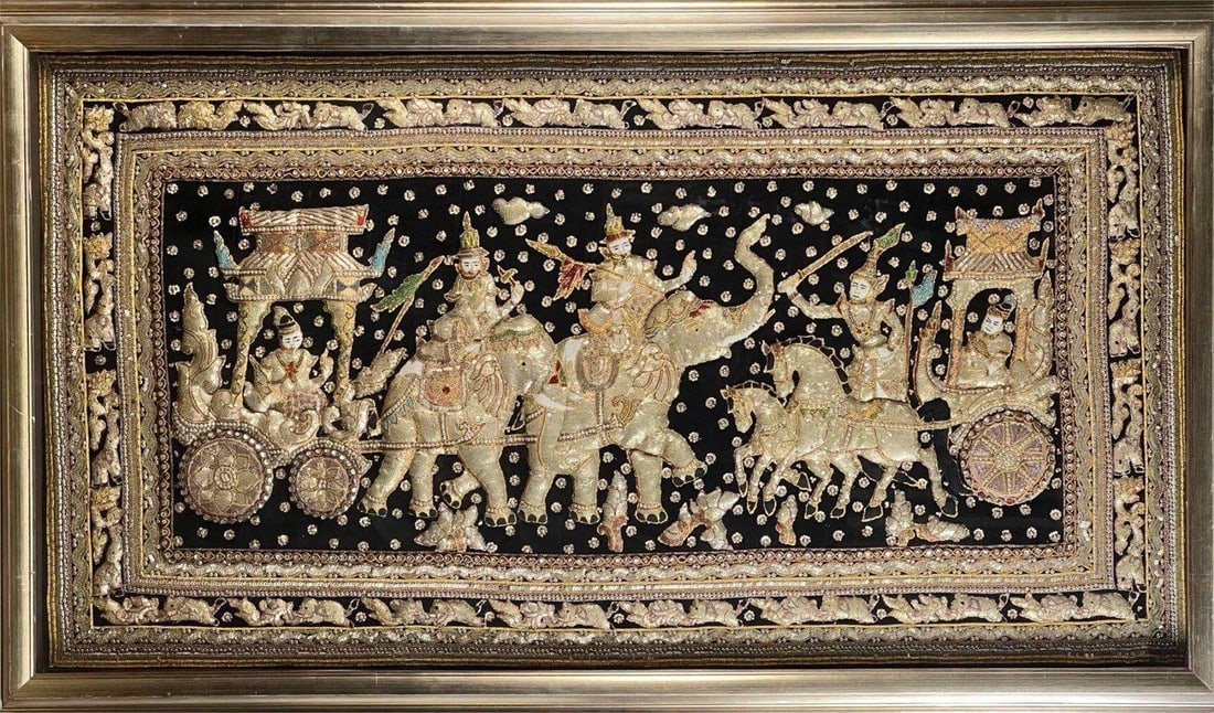 Large Burmese Kalaga Jeweled Embroidered Tapestry: Antique Kalaga tapestry from Burma (Myanmar) or Thailand, richly hand-embroidered and professionally framed, depicting a grand royal procession with figures riding elephants, chariots, and horses. Exe