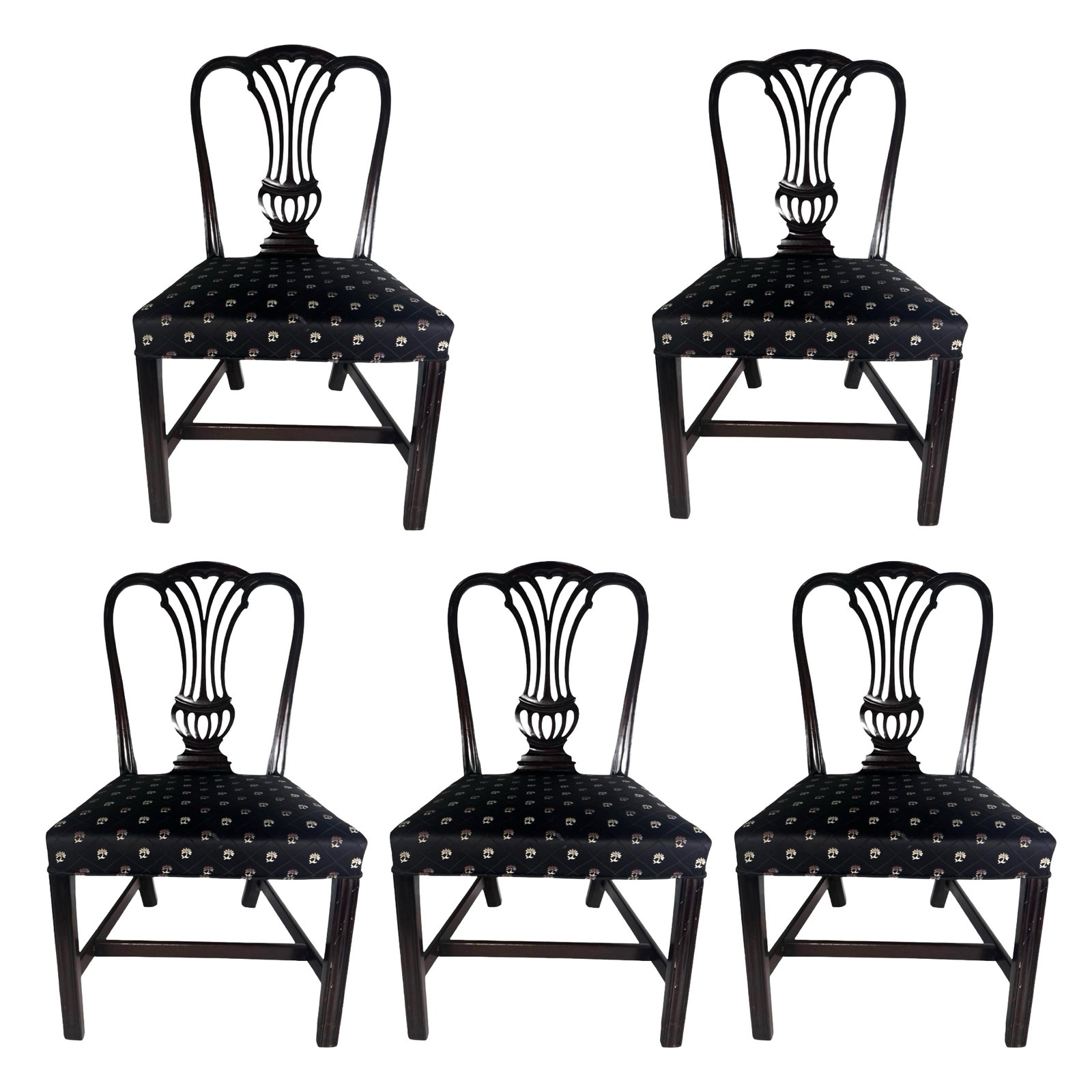 5 Antique George III Mahogany Hepplewhite Chairs: Fine set of five antique George III period mahogany side chairs in the Hepplewhite taste, crafted in England circa 1800. Each chair features an elegant pierced splat back with urn-form motif, framed b