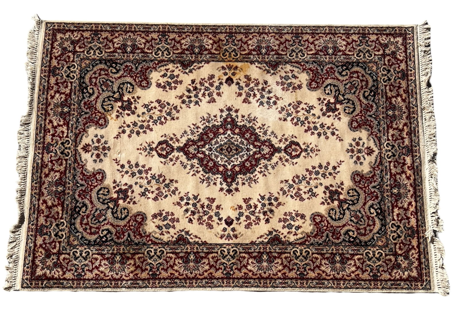 Leonstan Persian Design Medallion Rug Ivory Field: Leonstan Persian design rug featuring a classic central medallion set within an ivory field, surrounded by intricate scrolling floral motifs and a richly detailed border in red and navy tones. The tra