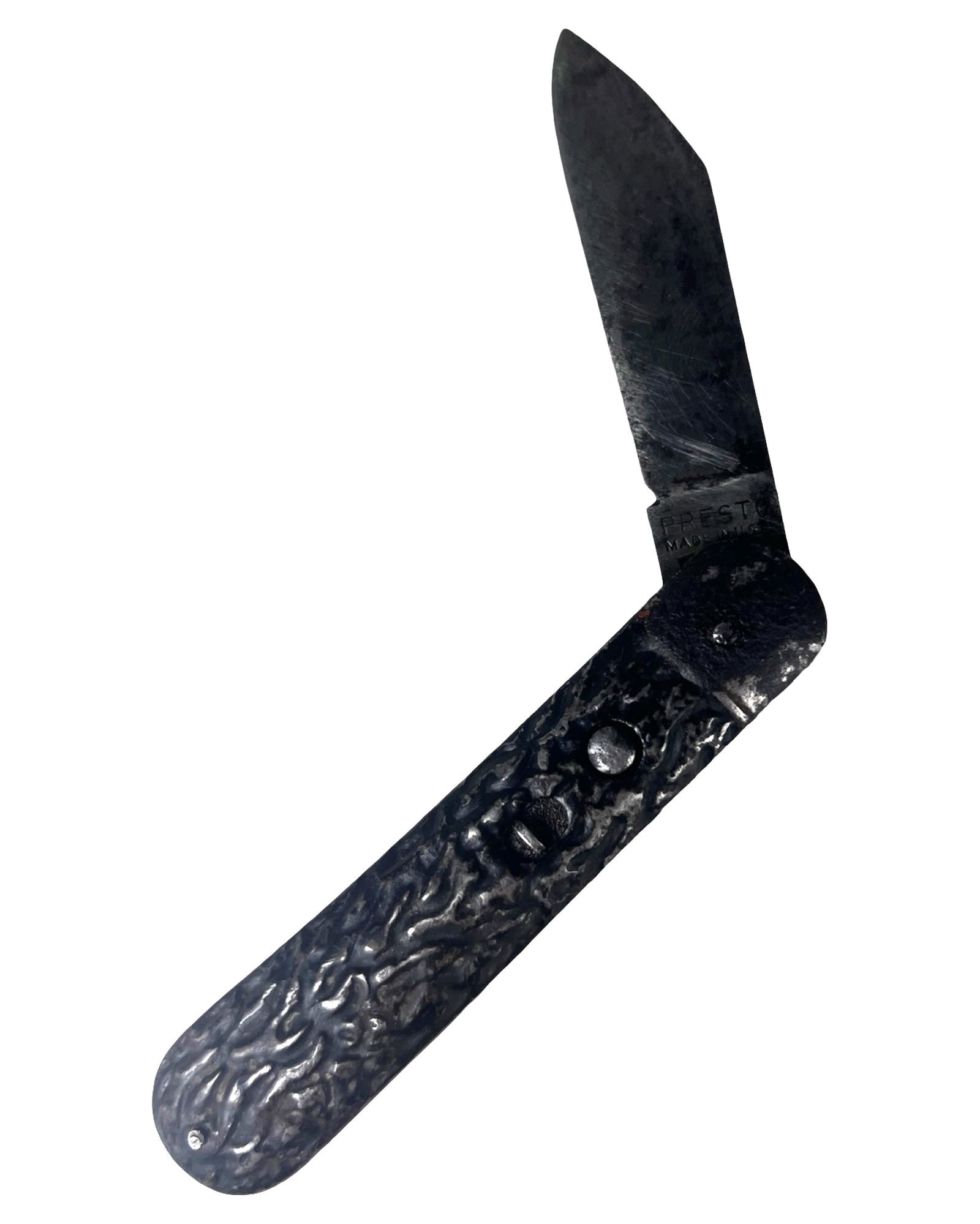 Presto M2 Style Scout Automatic Knife Schrade Geo: Vintage Presto M2 style scout automatic knife featuring a black painted metal handle with textured pattern and push-button opening mechanism. The blade is tang stamped "PRESTO MADE IN U.S.A." and also