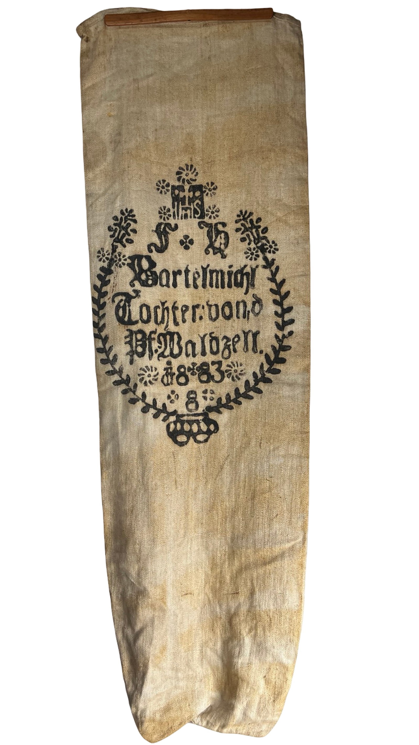 Antique German LinenMilitary Body Bag 1883 Folk: Antique handwoven linen sack or body bag featuring a bold black printed decorative cartouche with German inscription reading "Bartelmich Tochter band Pf. Walden 1883." The design is surrounded by