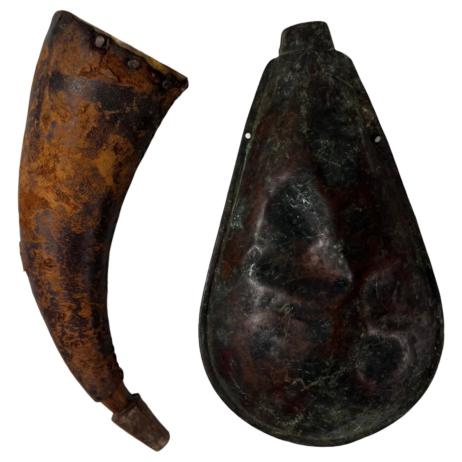 Antique 19th C Powder Flask & Horn Lot: Collection of two antique black powder accessories including a curved powder horn and an embossed metal powder flask. The flask features a classic hunting scene motif with a dog in relief, a design co