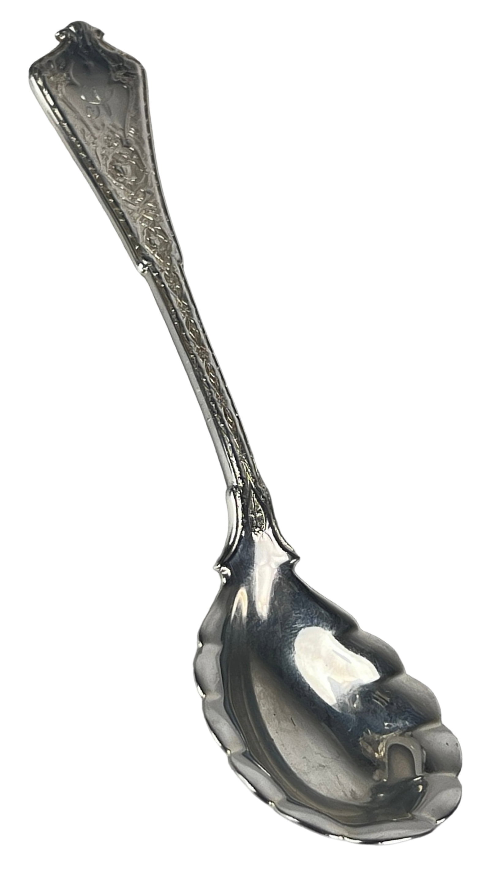 Tiffany & Co Sterling Silver Preserve Spoon 1872: Elegant Tiffany & Co. sterling silver preserve spoon in the highly sought-after Persian pattern, first introduced in 1872. This classic piece features a scalloped bowl and an intricately detailed hand
